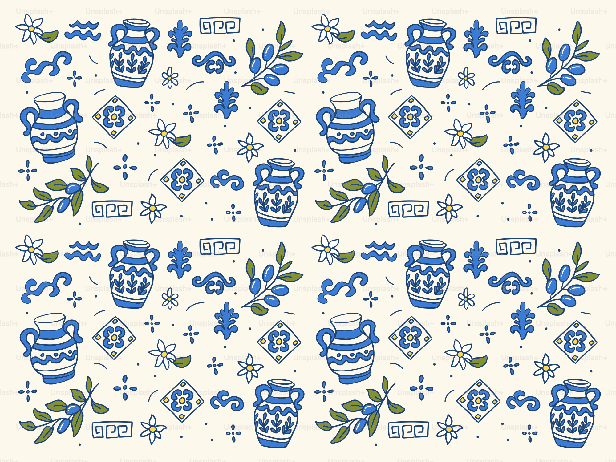Mediterranean pattern with blue vases, olive branches, greek key