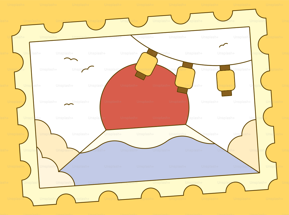 Japanische Briefmarke mit Fuji-Berg und Laternen