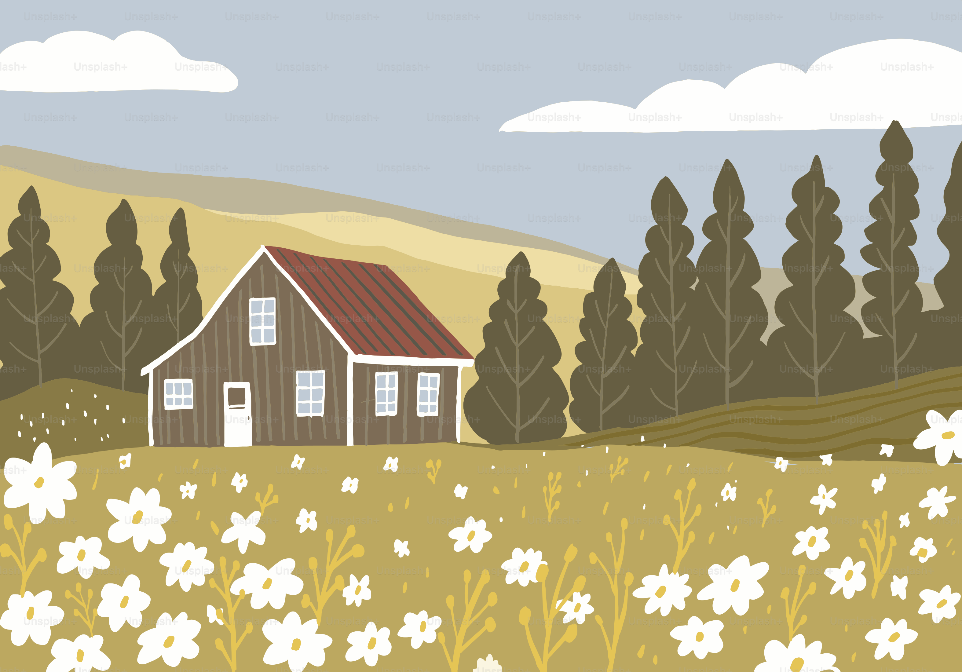 Hütte in einem Wildblumenfeld mit Hügeln und Bäumen
