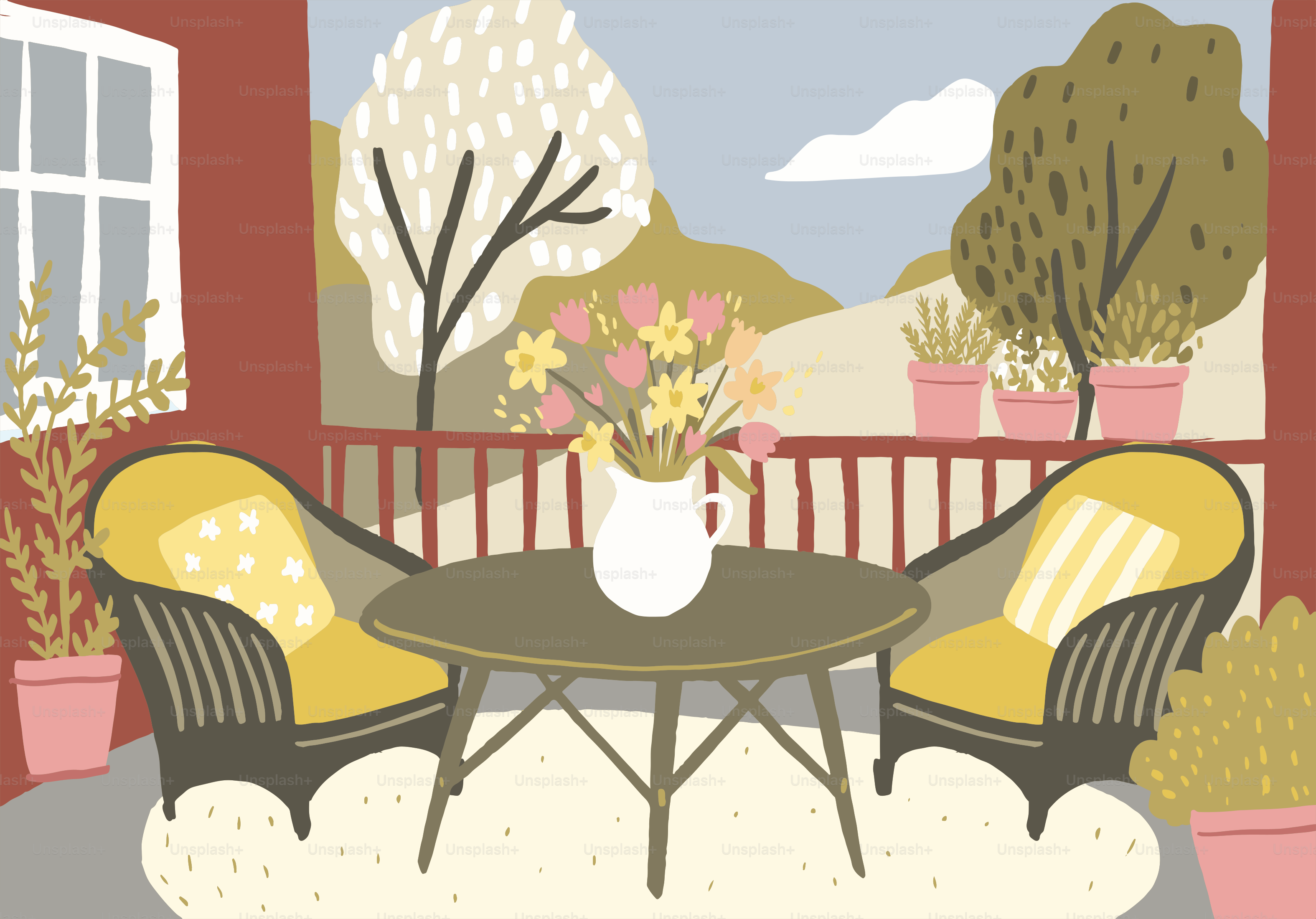 Cottage-Balkon mit Tisch, Stühlen und Blumen