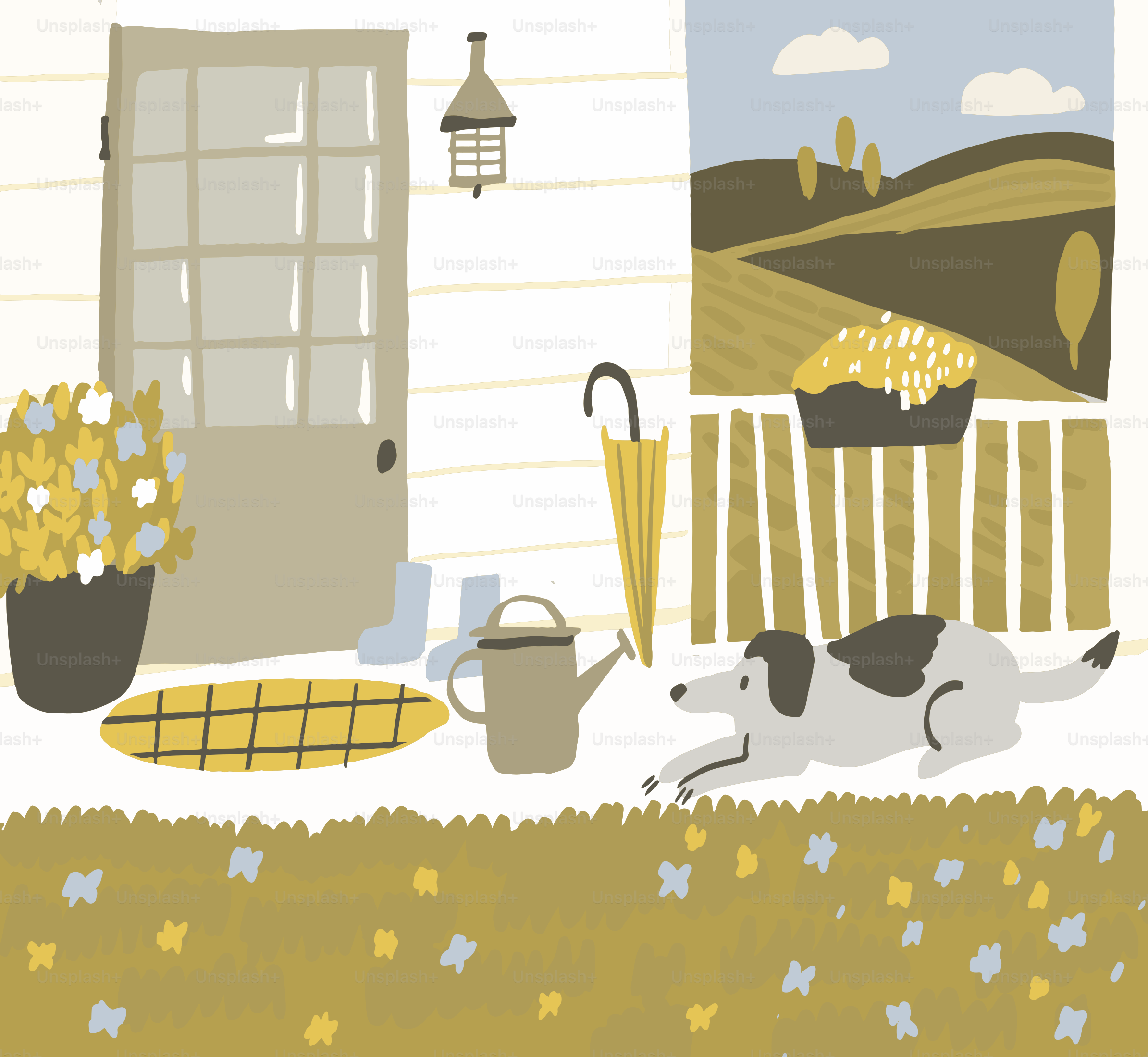 Gemütliche Hausveranda mit Hund und Topfblumen
