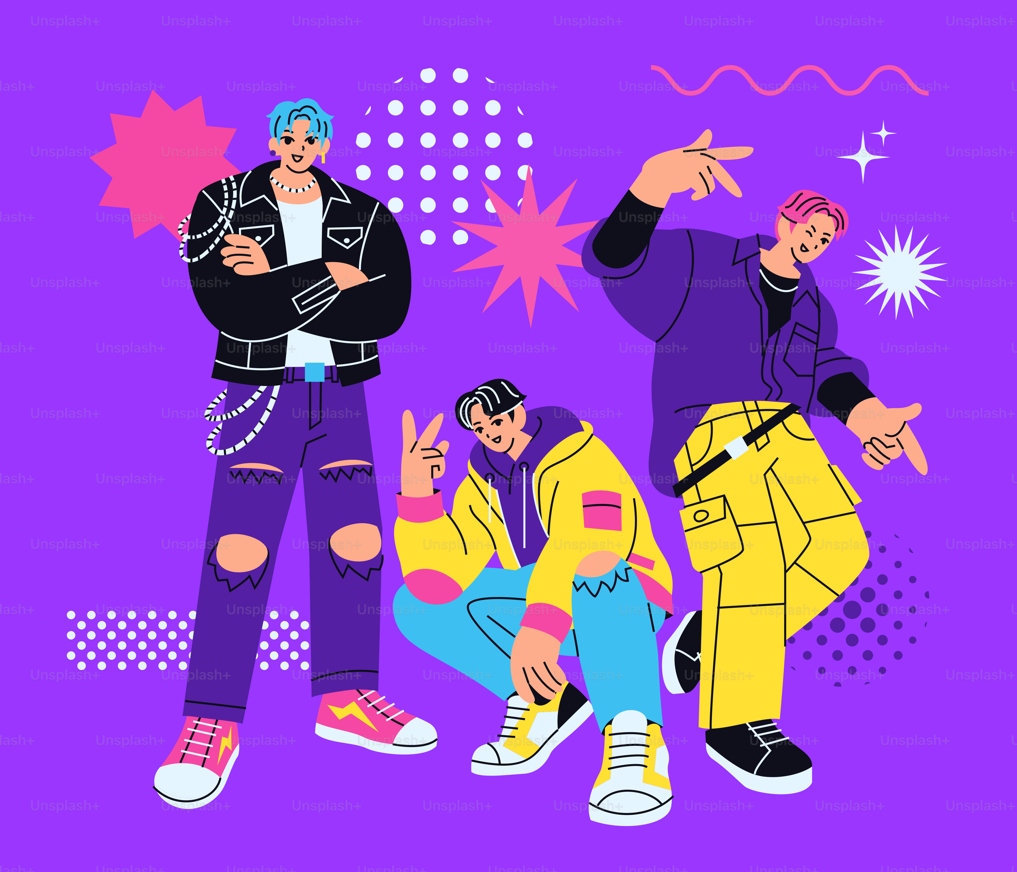 Tre figure maschili ispirate al k-pop in stile trendy