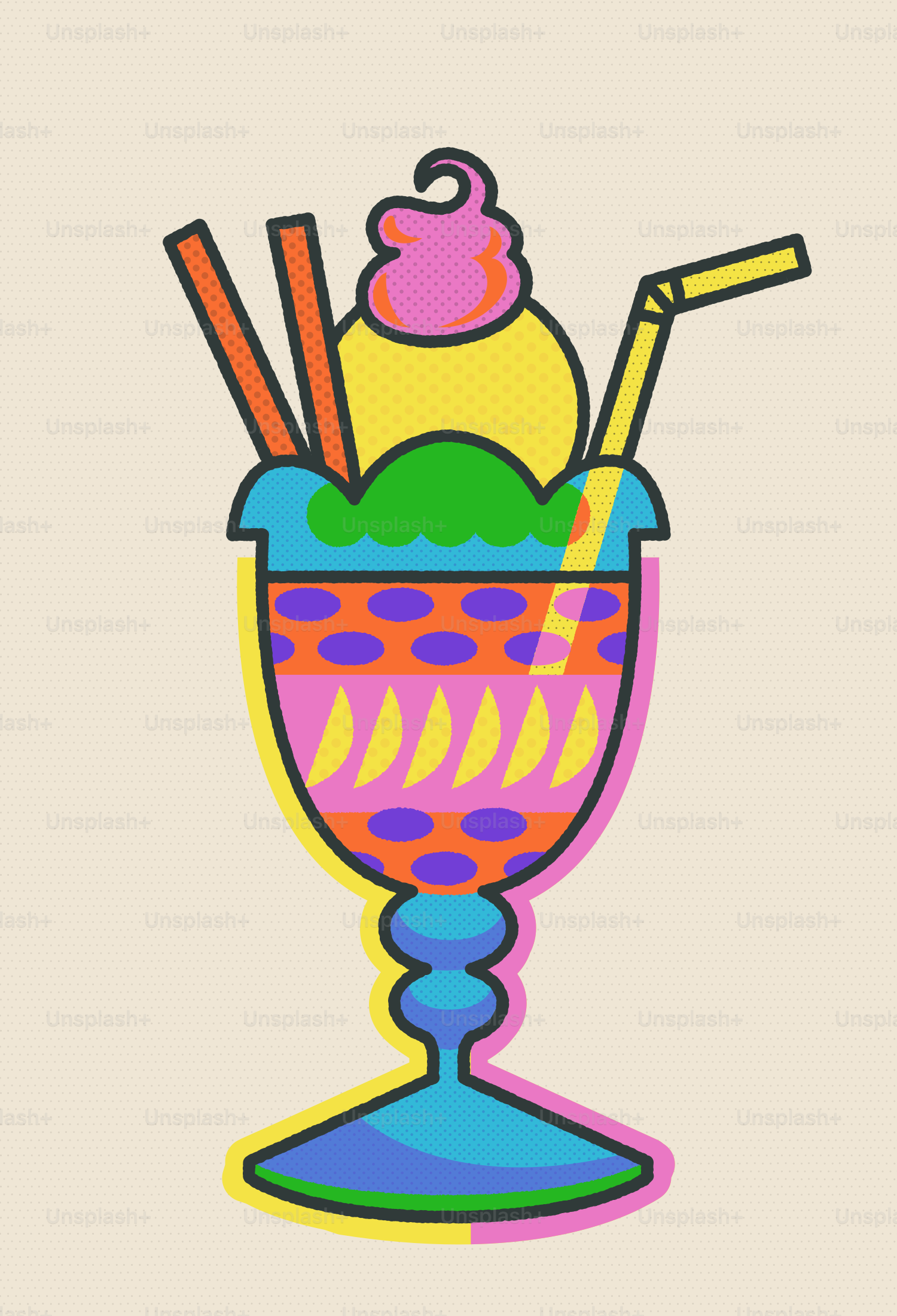 Ilustración colorida y estilizada de sundae de helado