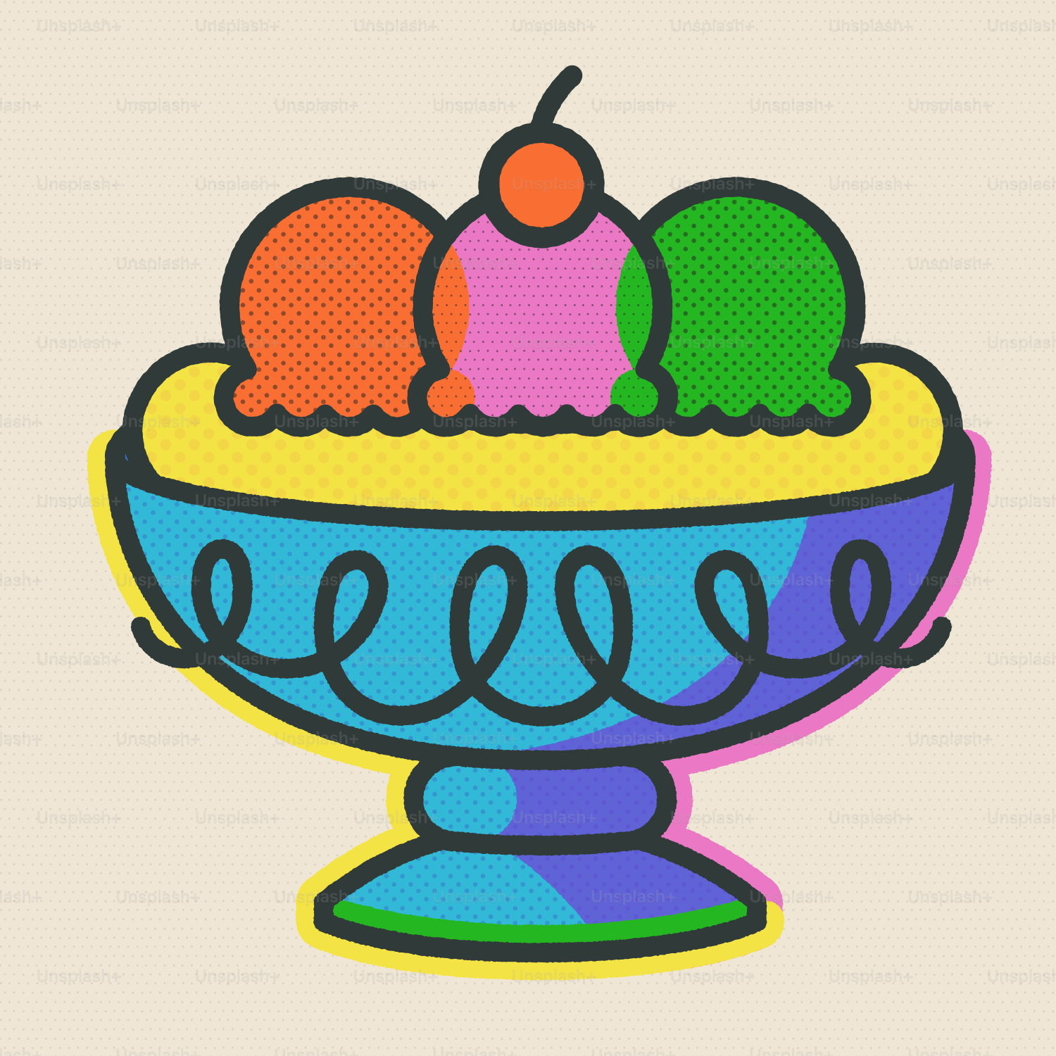 Sundae de sorvete pop art colorido com cereja