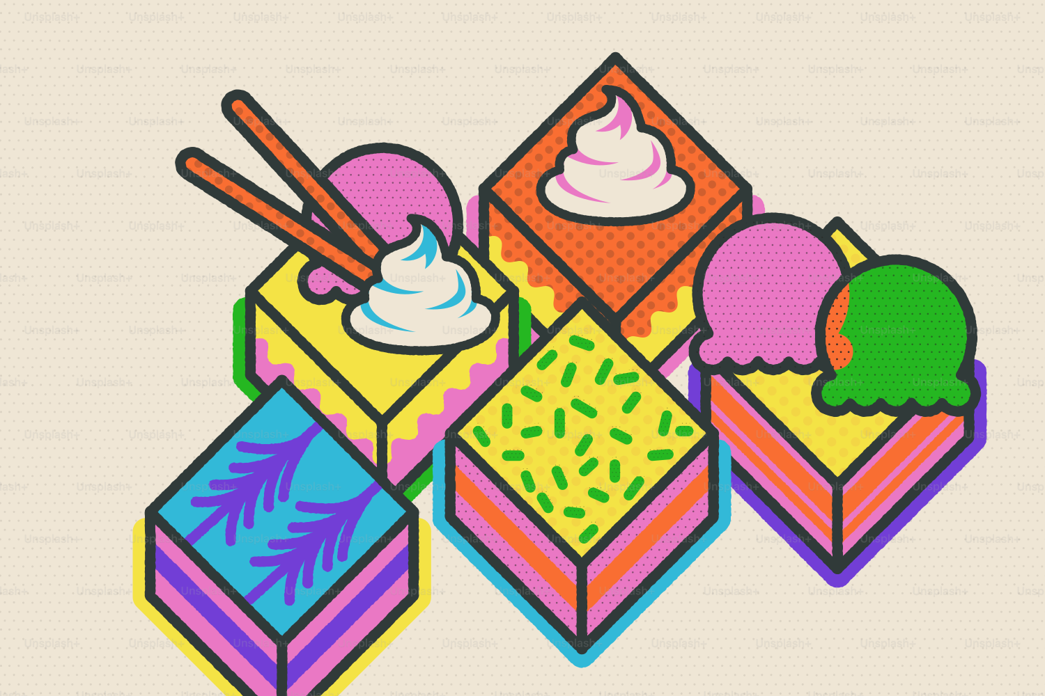 Postres cuadrados coloridos con varios ingredientes