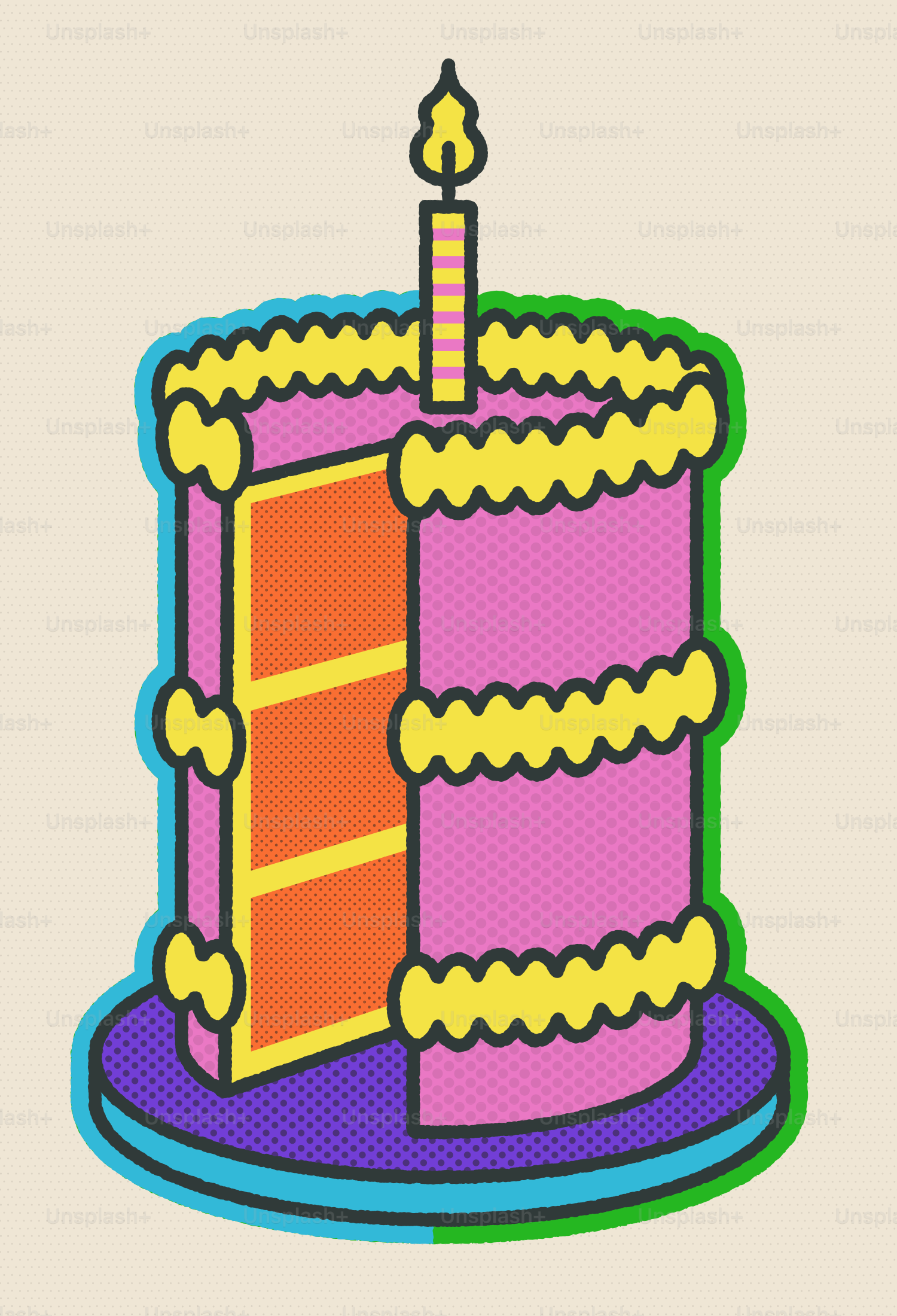 Tarta de cumpleaños pop art con vela y una porción que falta