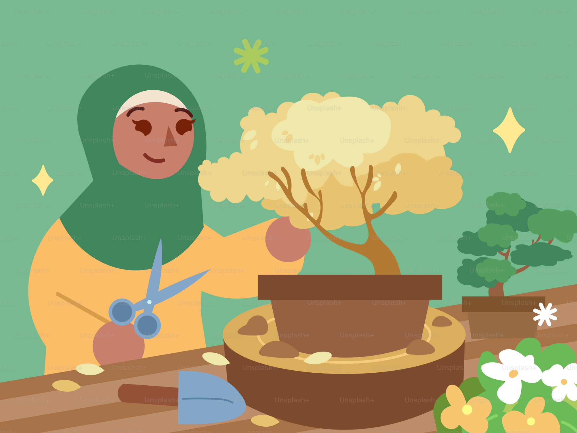 Personne en hijab taillant un bonsaï