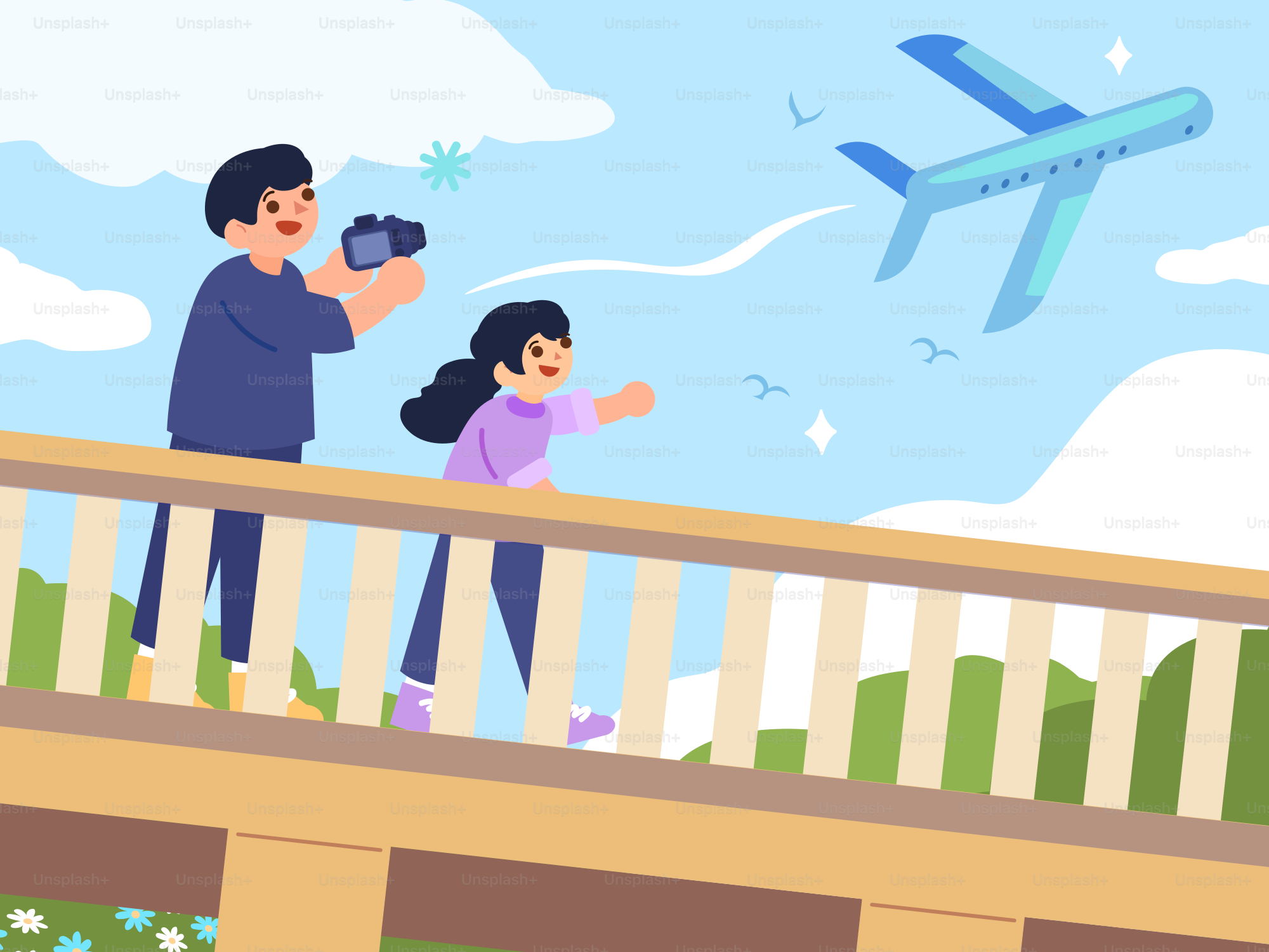 Couple sur la passerelle en train de photographier et d’observer un avion