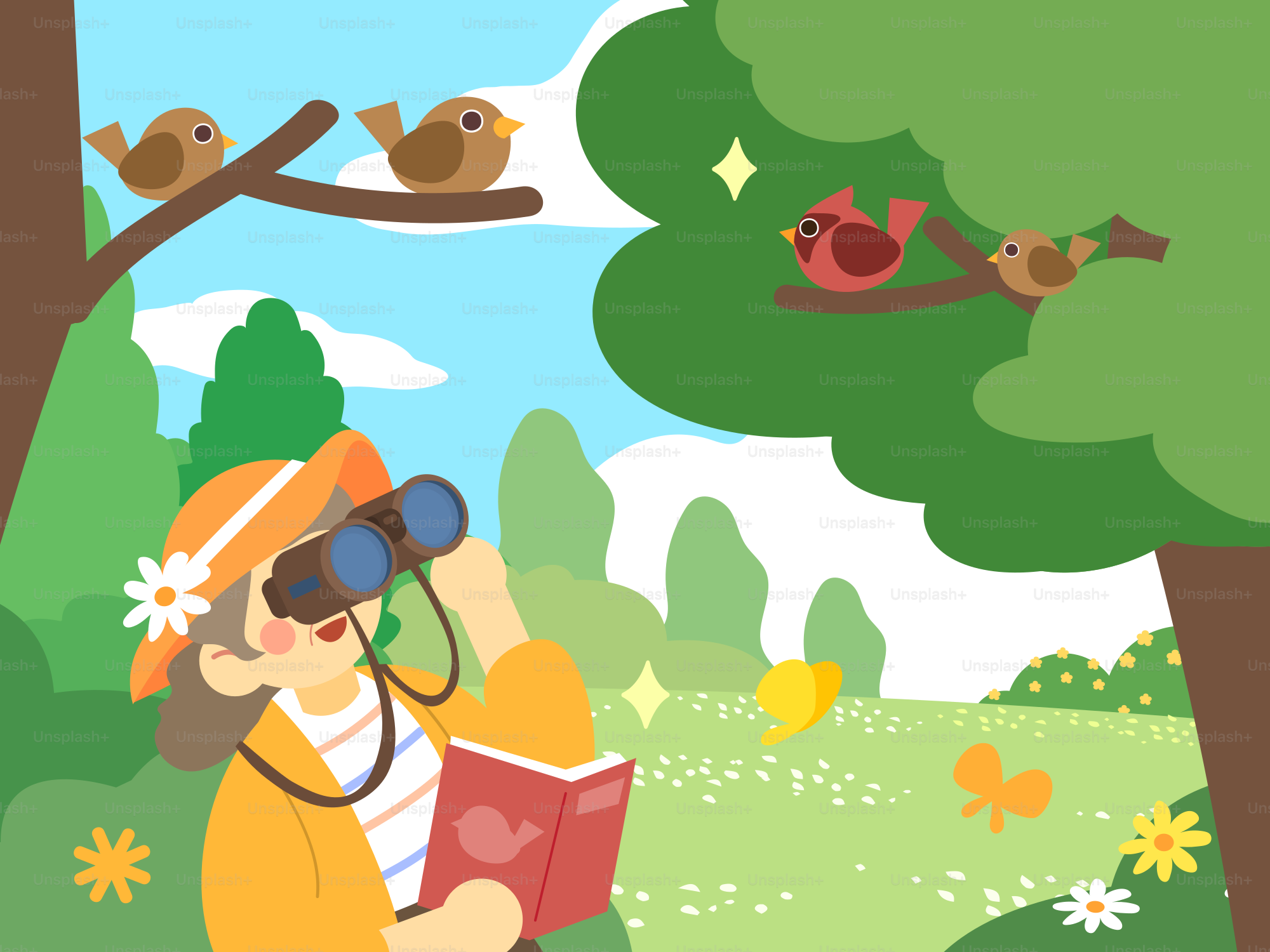 Observateur d’oiseaux avec des jumelles observant des oiseaux dans un parc verdoyant
