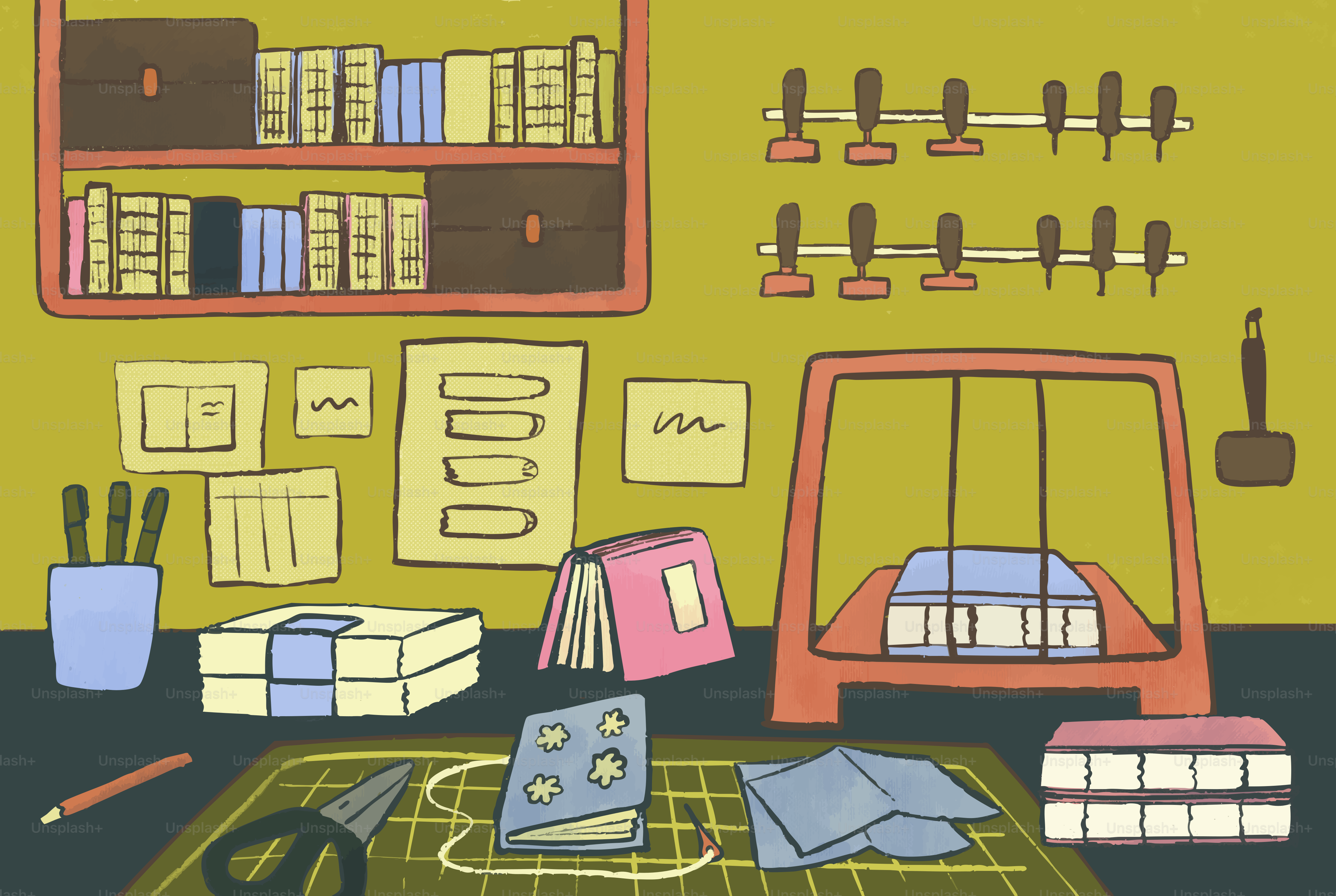 Hand bookbinding workshop with tools and books