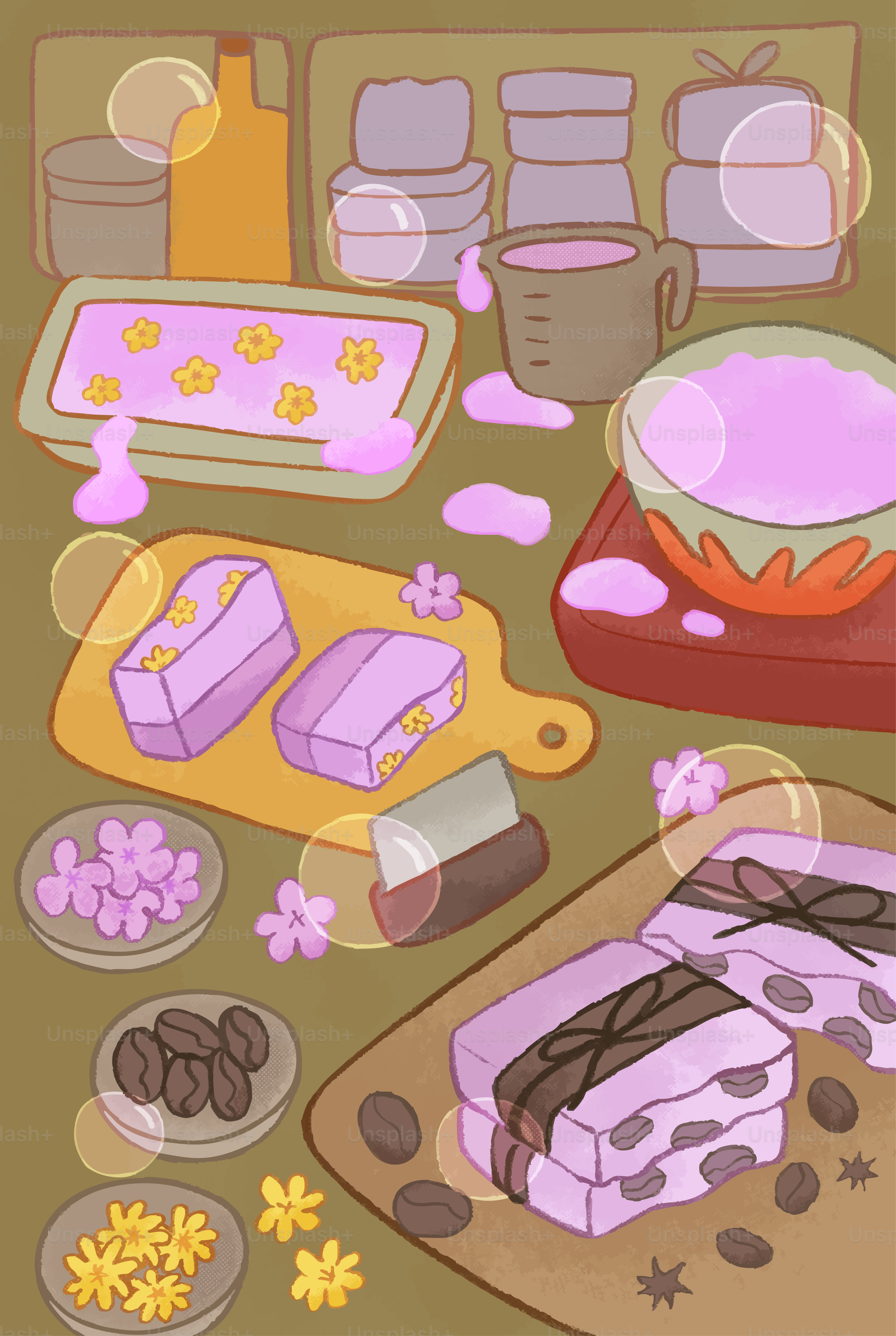 Handmade floral soap making process illustration
