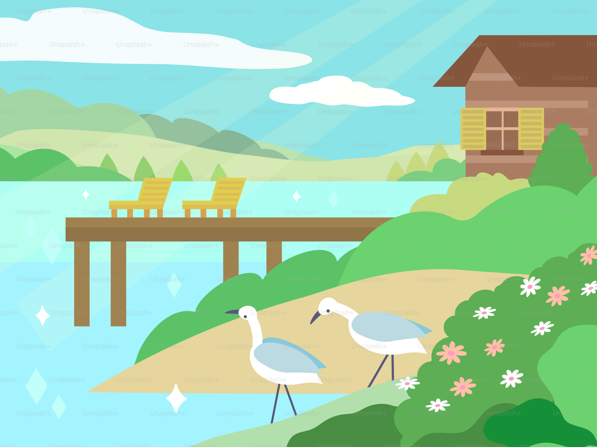 Aigrettes au bord du lac avec jetée et cabane