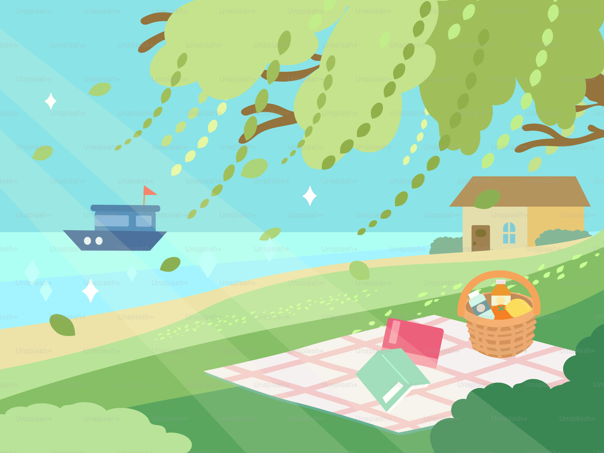 Pique-au bord du lac avec bateau, livres et maison