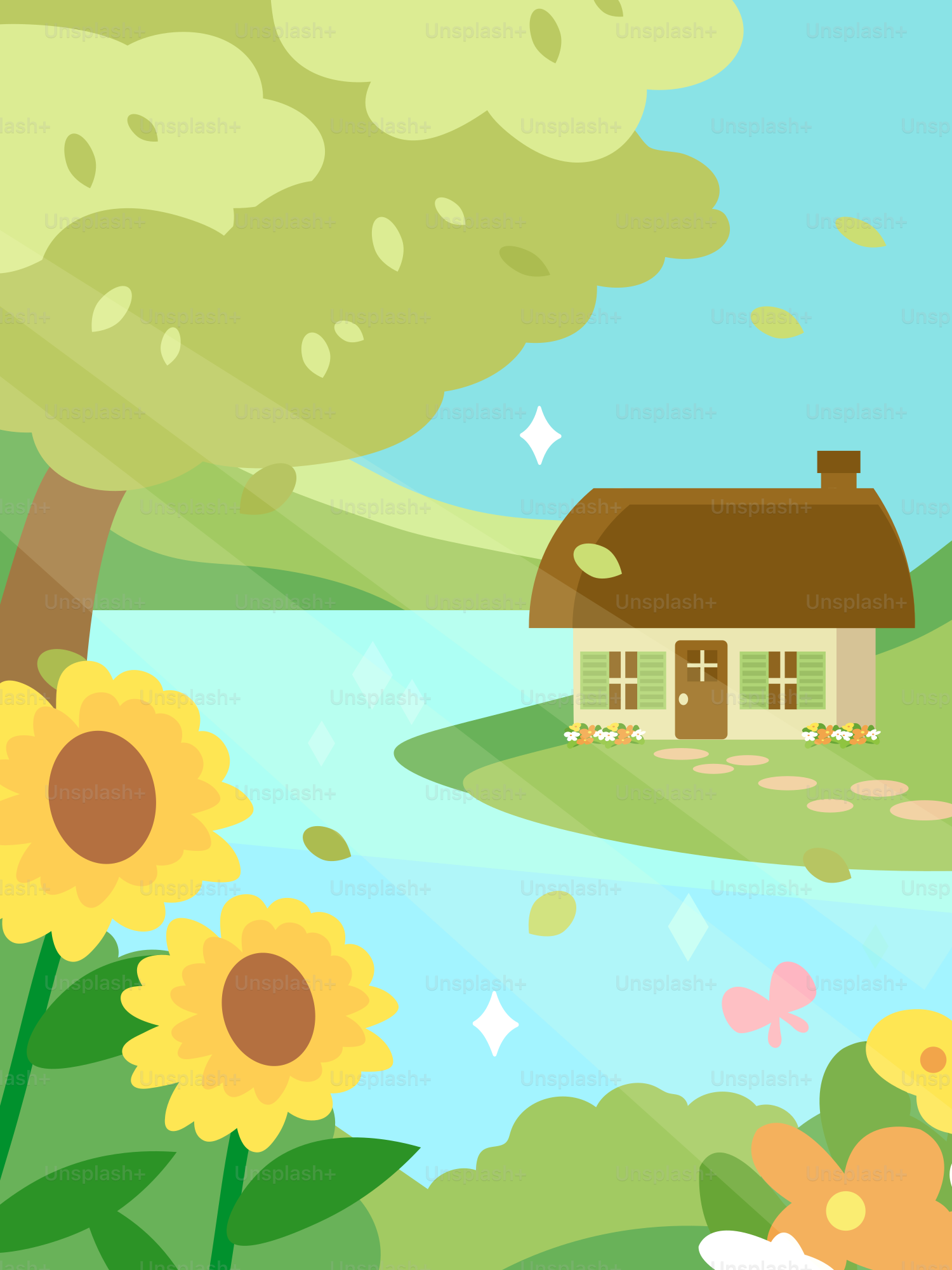 Maison au bord de l’eau avec des tournesols dans un paysage verdoyant
