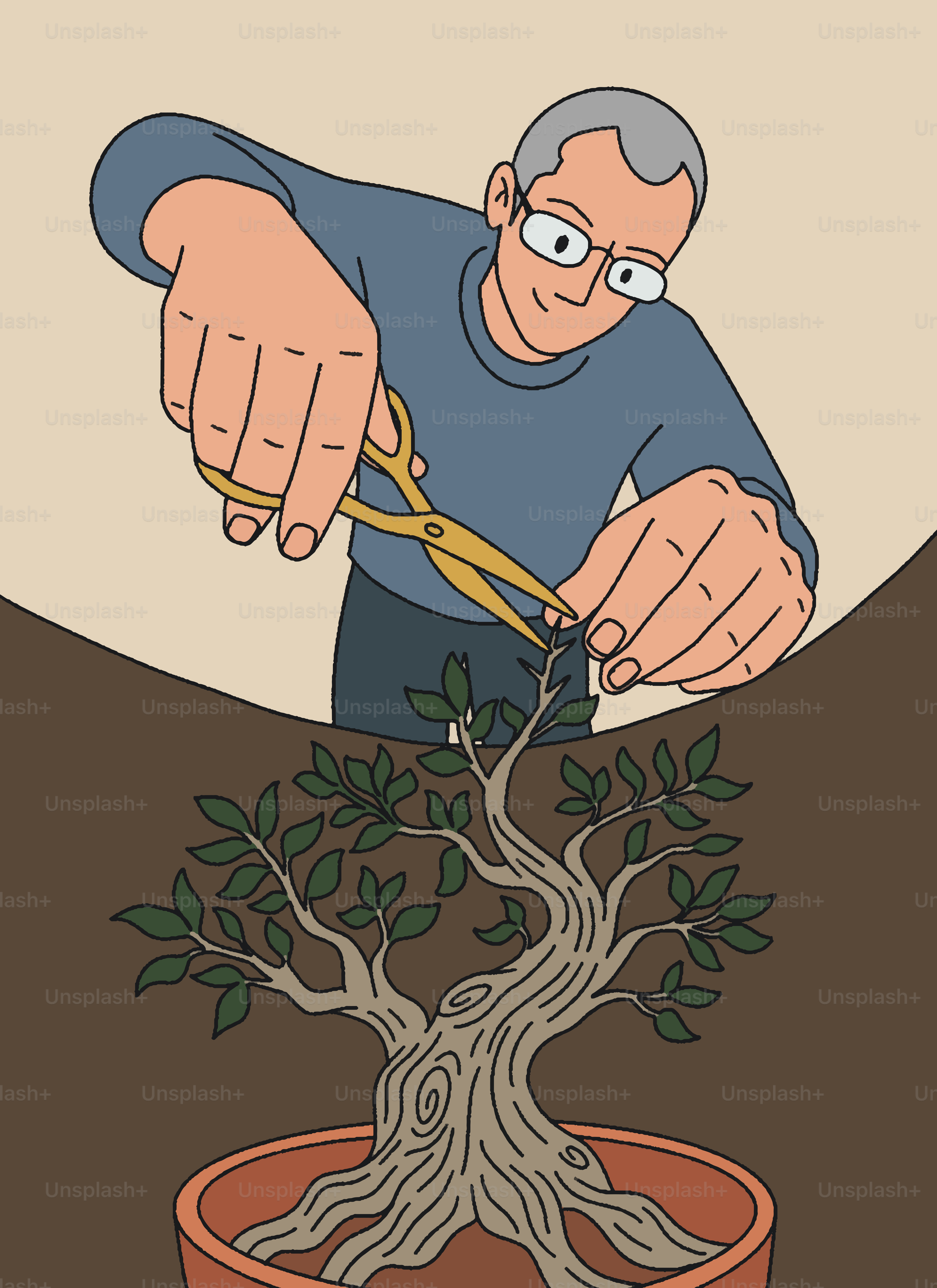 Pria memangkas pohon bonsai dengan gunting