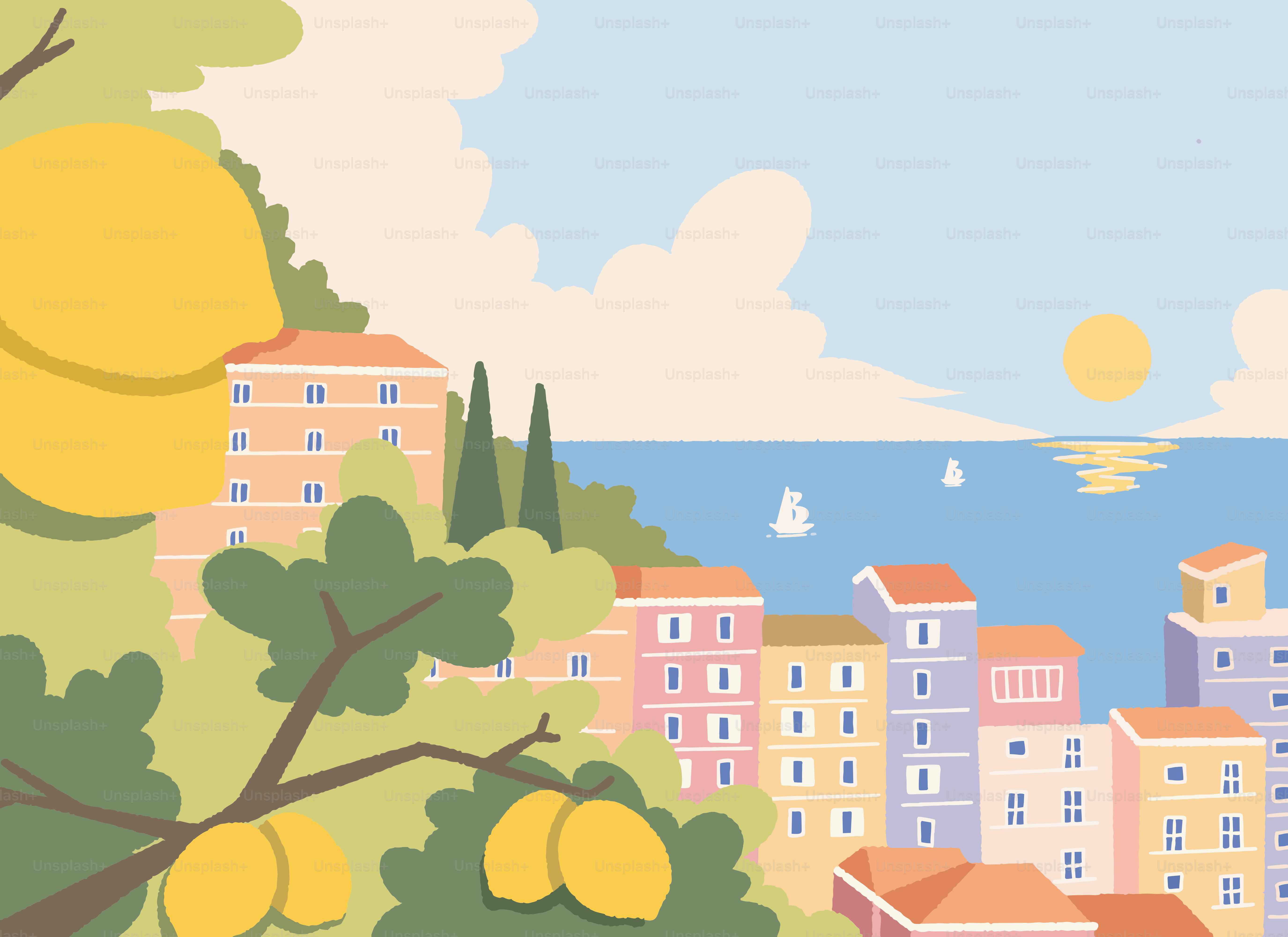 Des citrons encadrent une ville côtière colorée surplombant l’océan