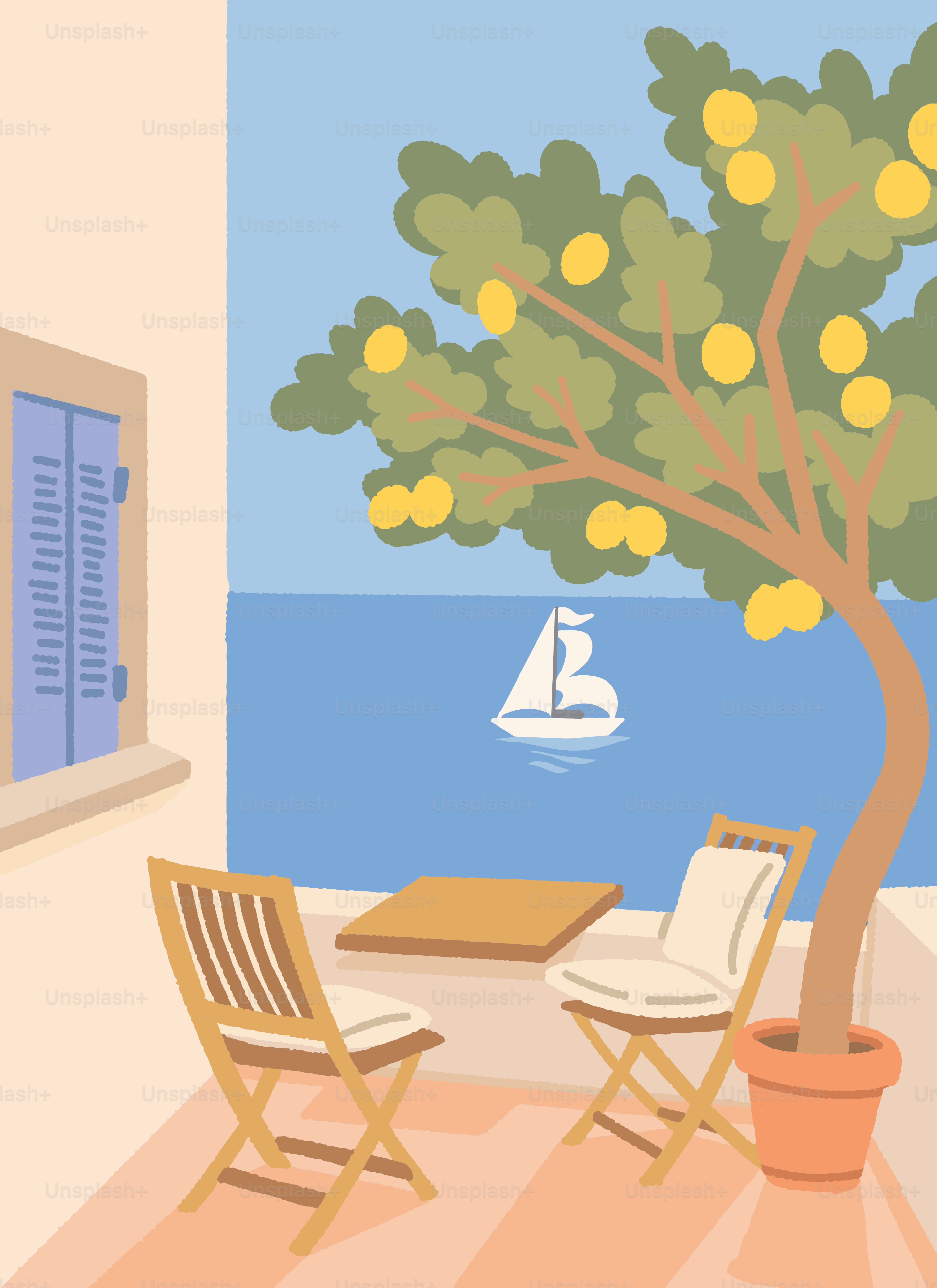 Terrasse surplombant la mer avec citronnier et voilier