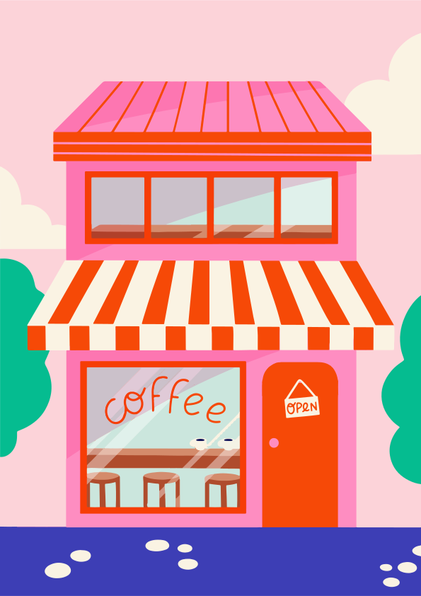 Cafeteria rosa ilustrativa com toldo listrado
