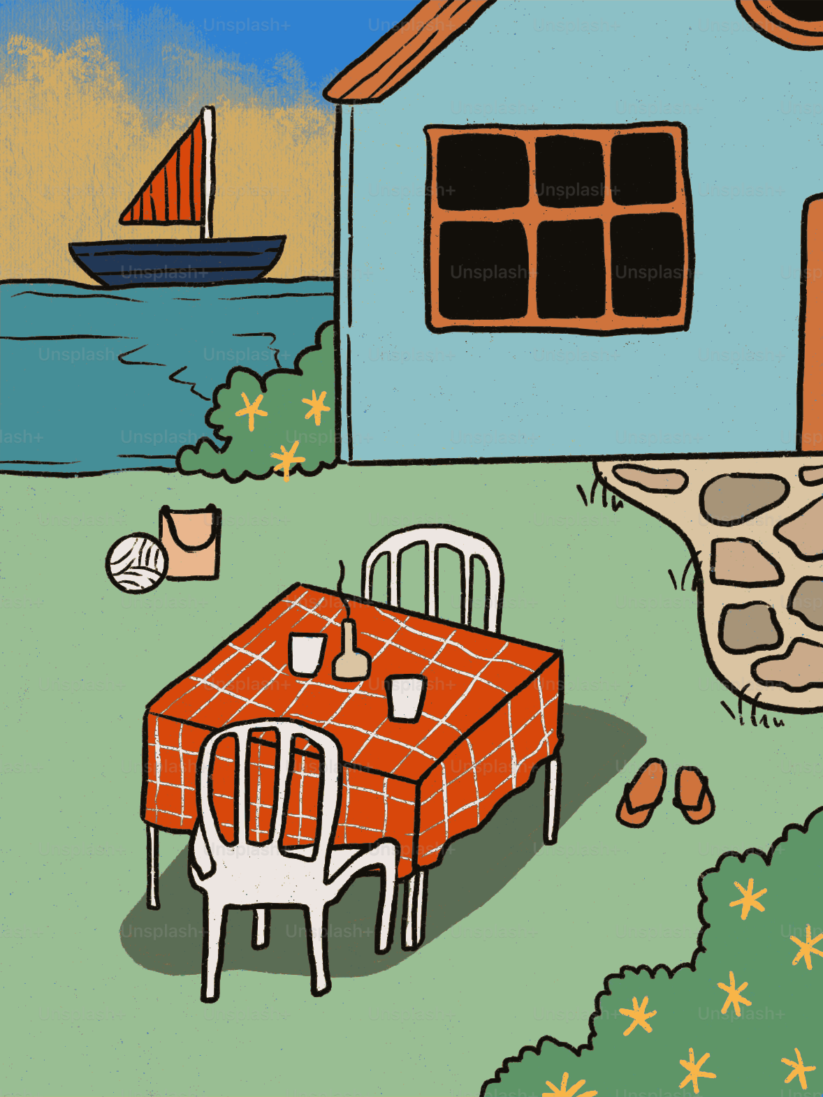 Table et chaises dans le jardin avec maison et voilier