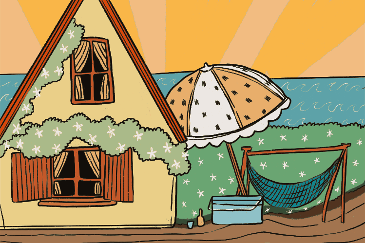 Maison de plage d’été avec parasol et hamac