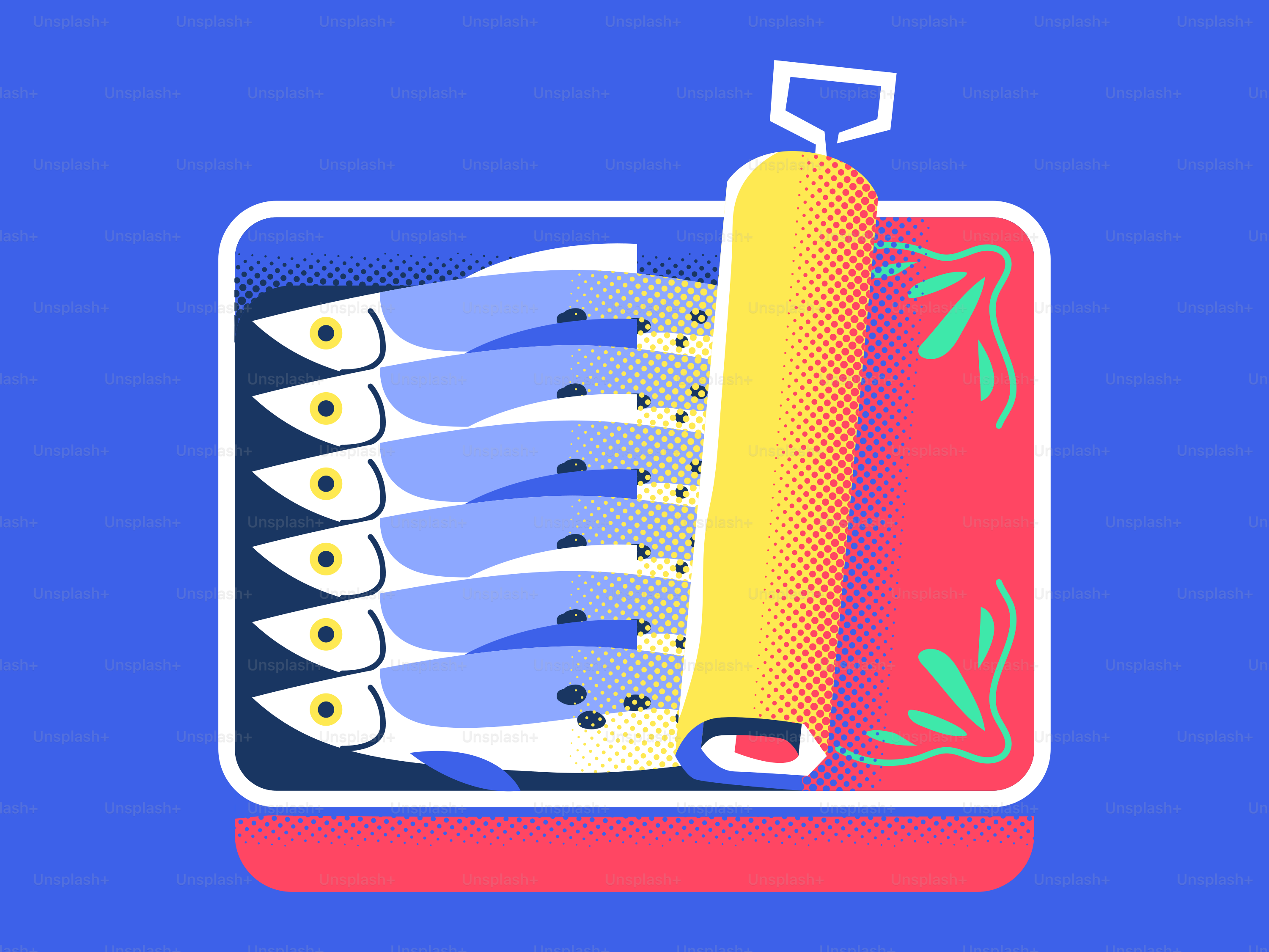 Sardines in an open can against blue