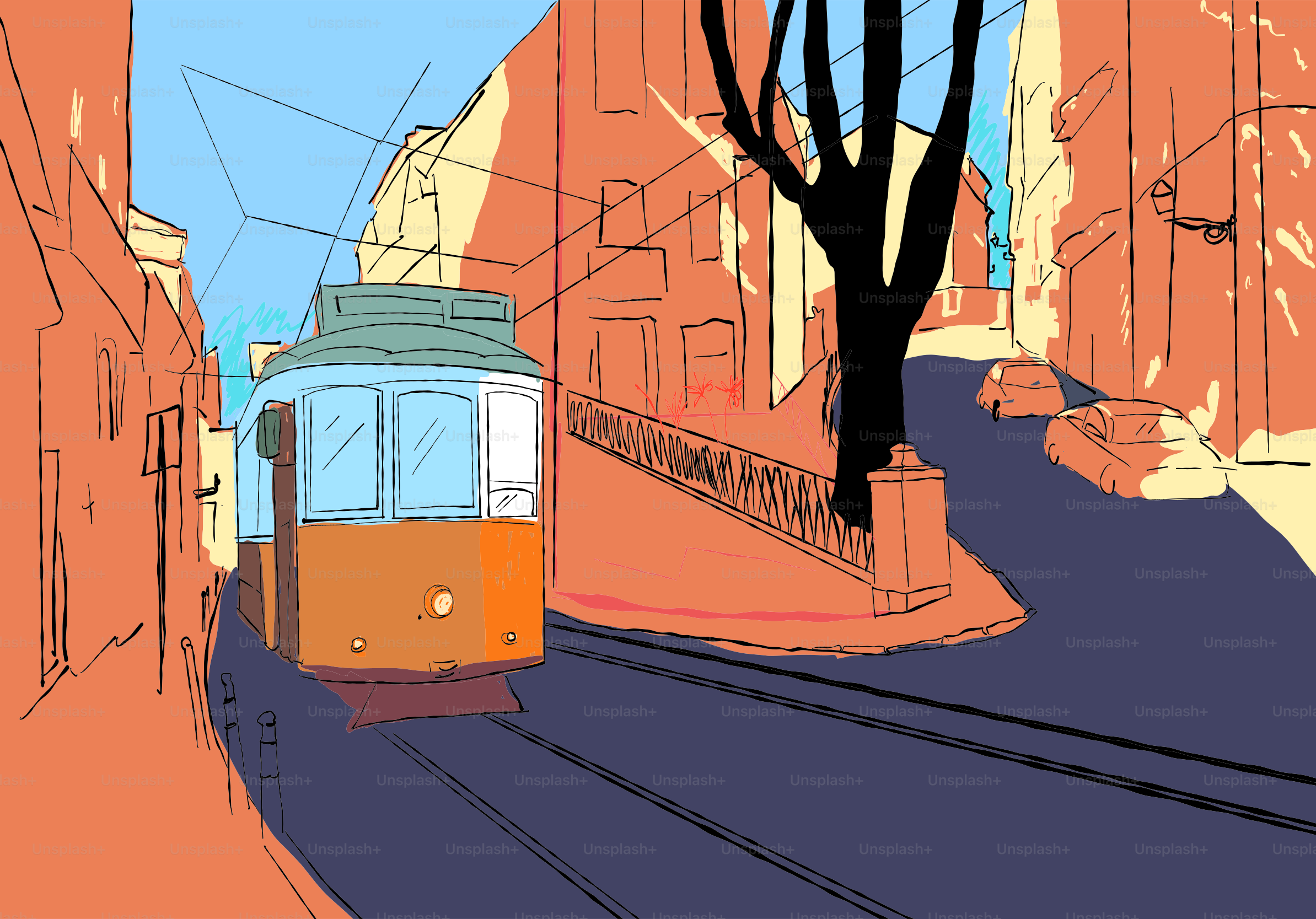 Traditional tram climbing a sunny lisbon street