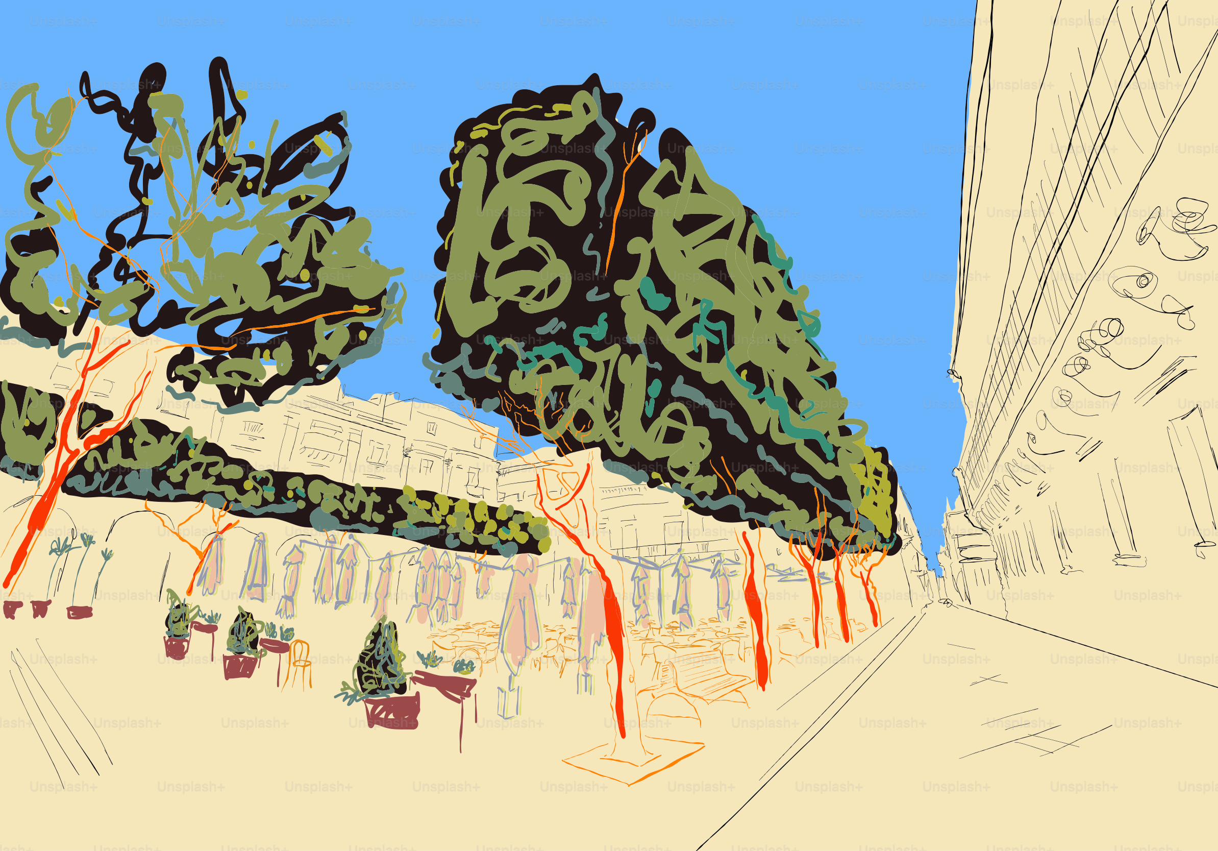 Stylized urban square with manicured trees in valetta