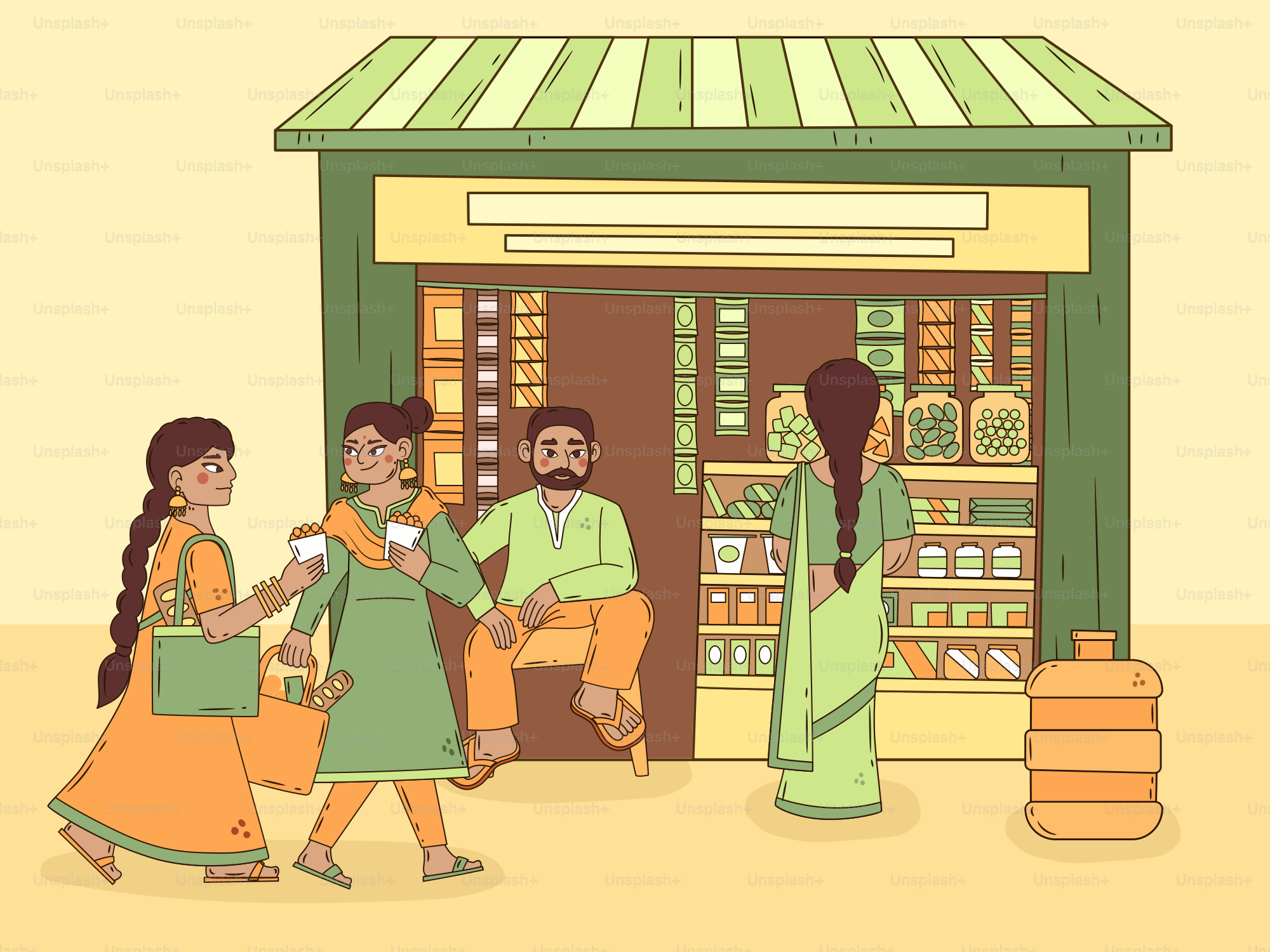 Gente interactuando en una tienda india de la esquina