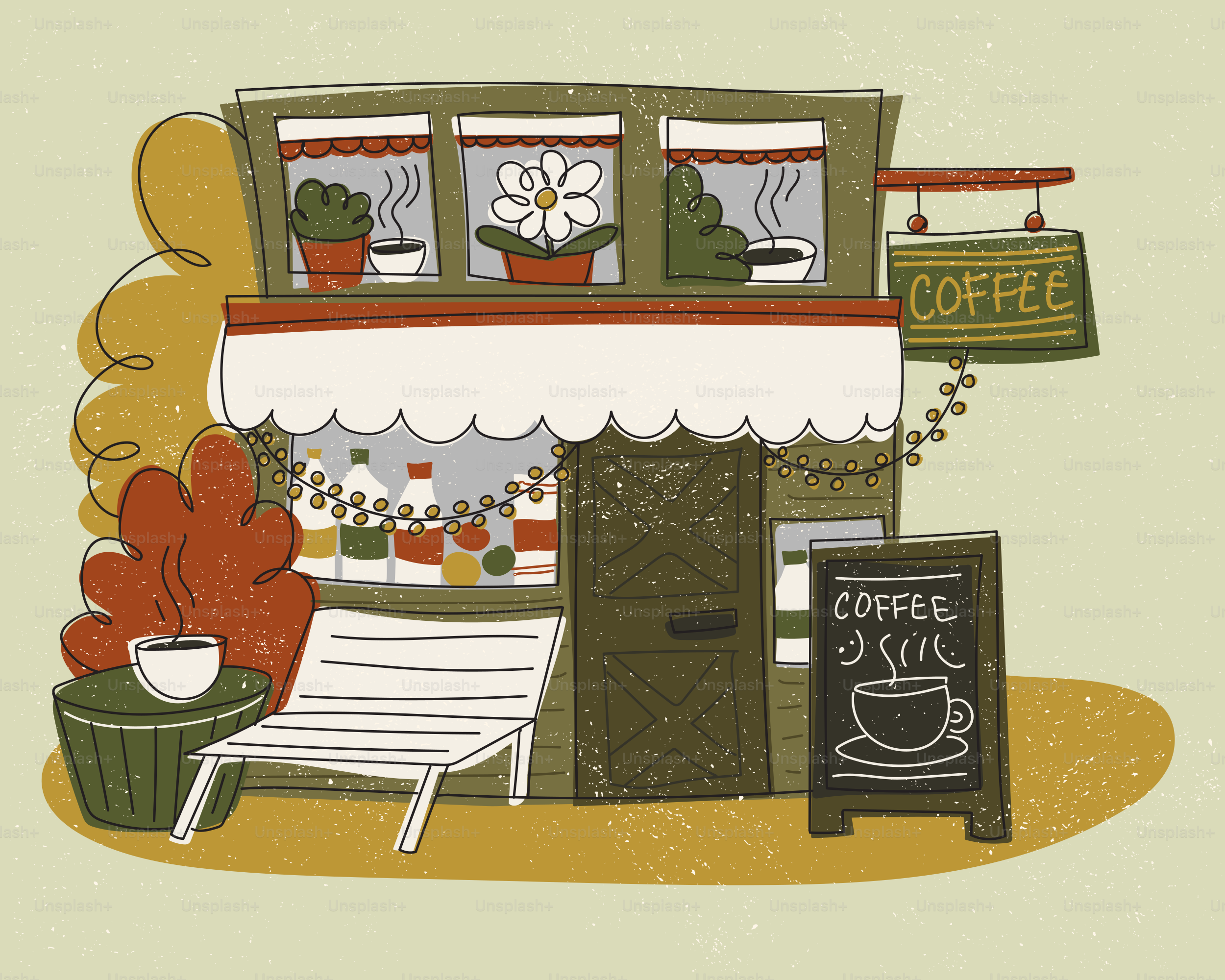 Caffetteria di quartiere illustrata con posti a sedere all'aperto