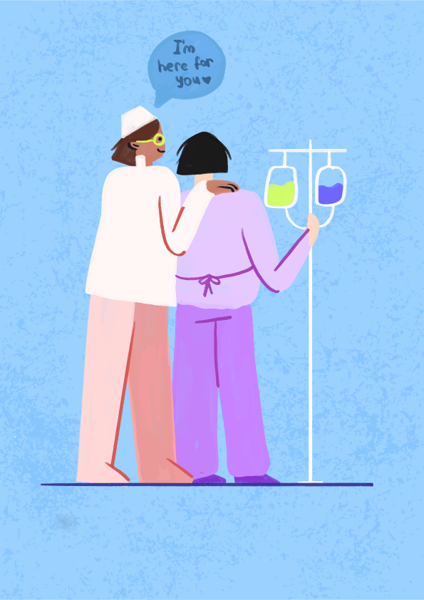 Enfermera consolando al paciente sosteniendo un suero