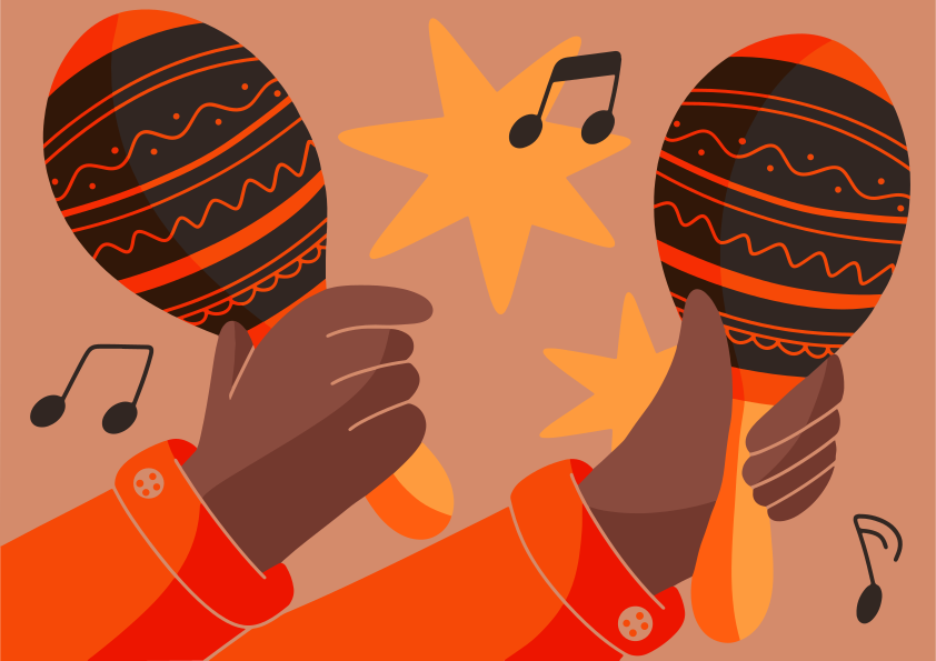 Mãos tremendo maracas com notas musicais