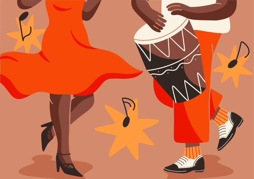 Mulher dançarina e baterista com notas musicais