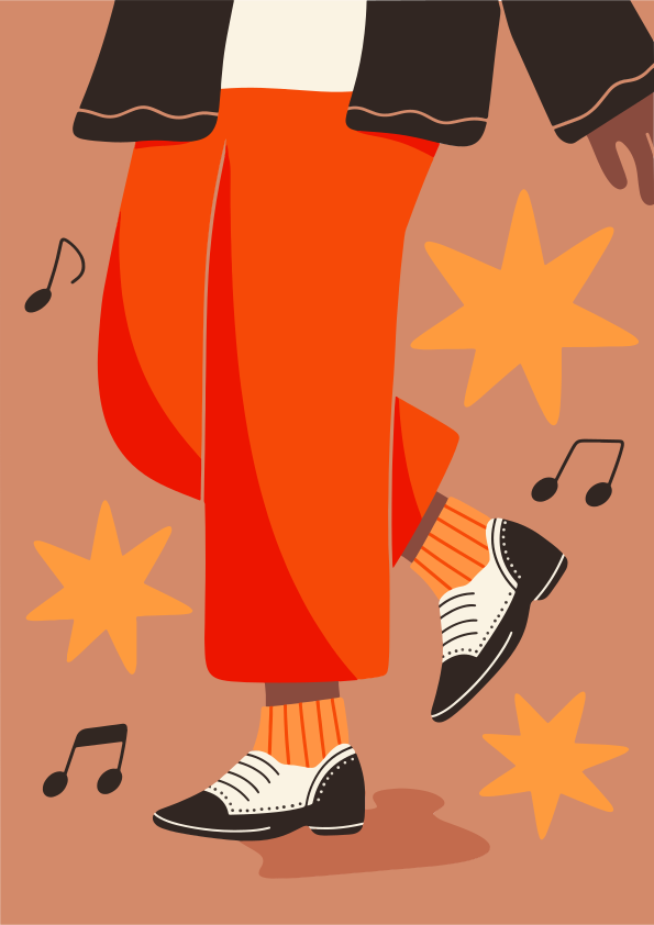 Pessoa dançante de calça laranja e sapatos bicolores