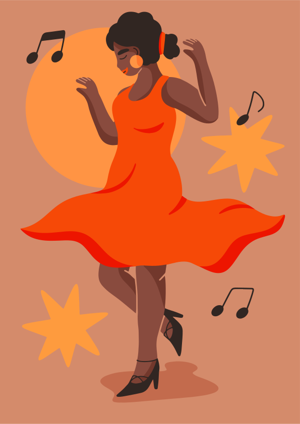 Mulher dançante com vestido laranja e notas musicais