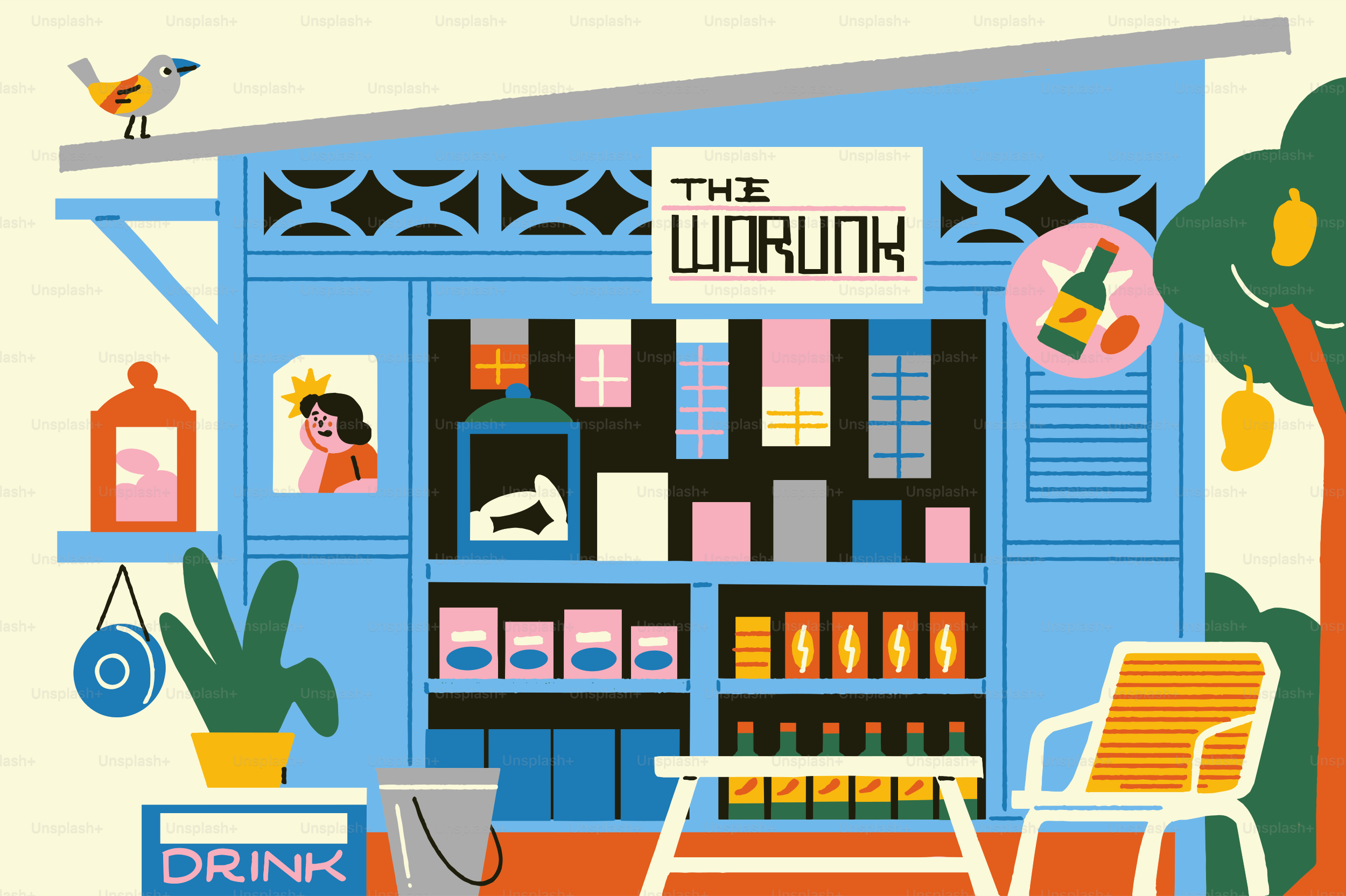 Ilustrasi toko toko pojok tradisional berwarna-warni