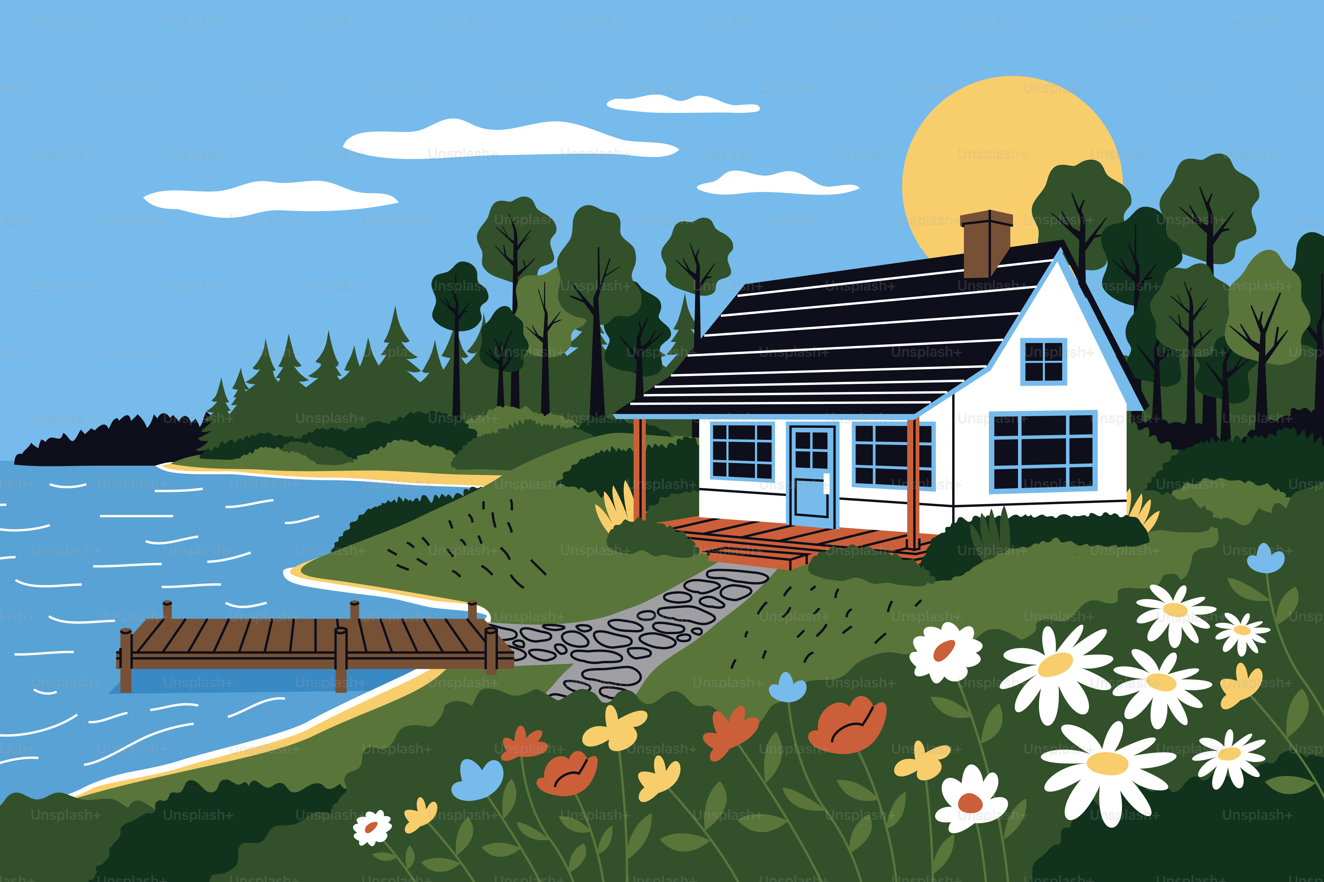White lake house with dock and blooming flowers