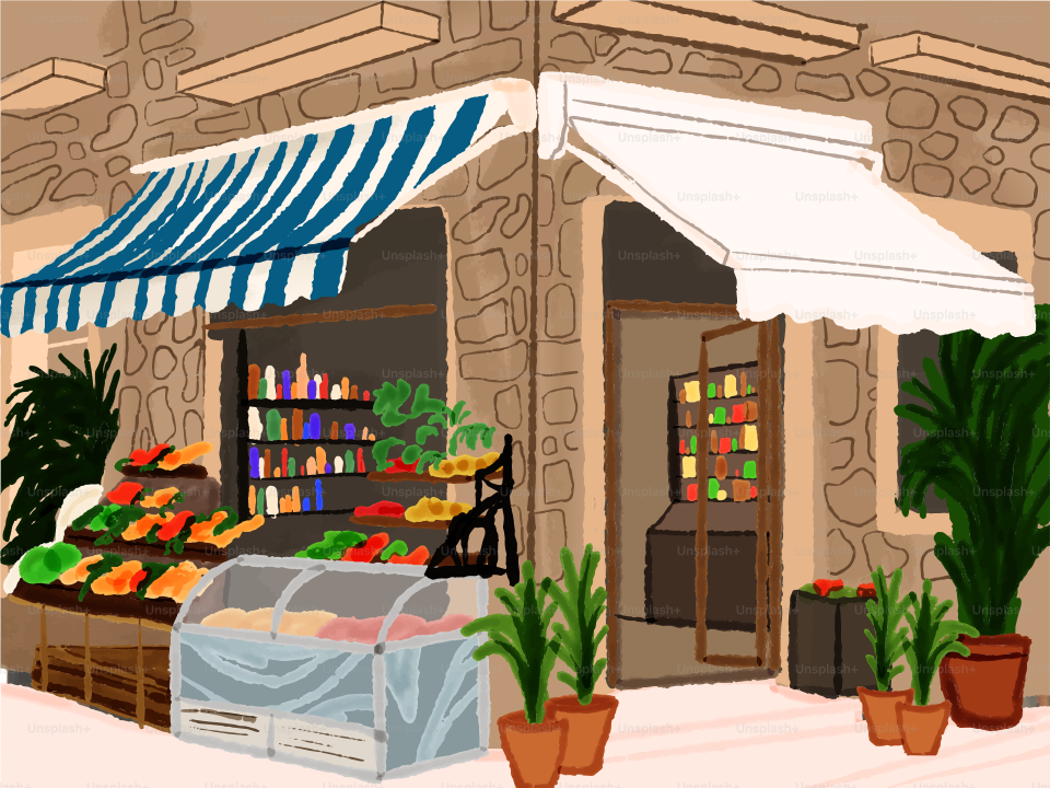 Boutique de fruits et légumes avec produits frais et auvents