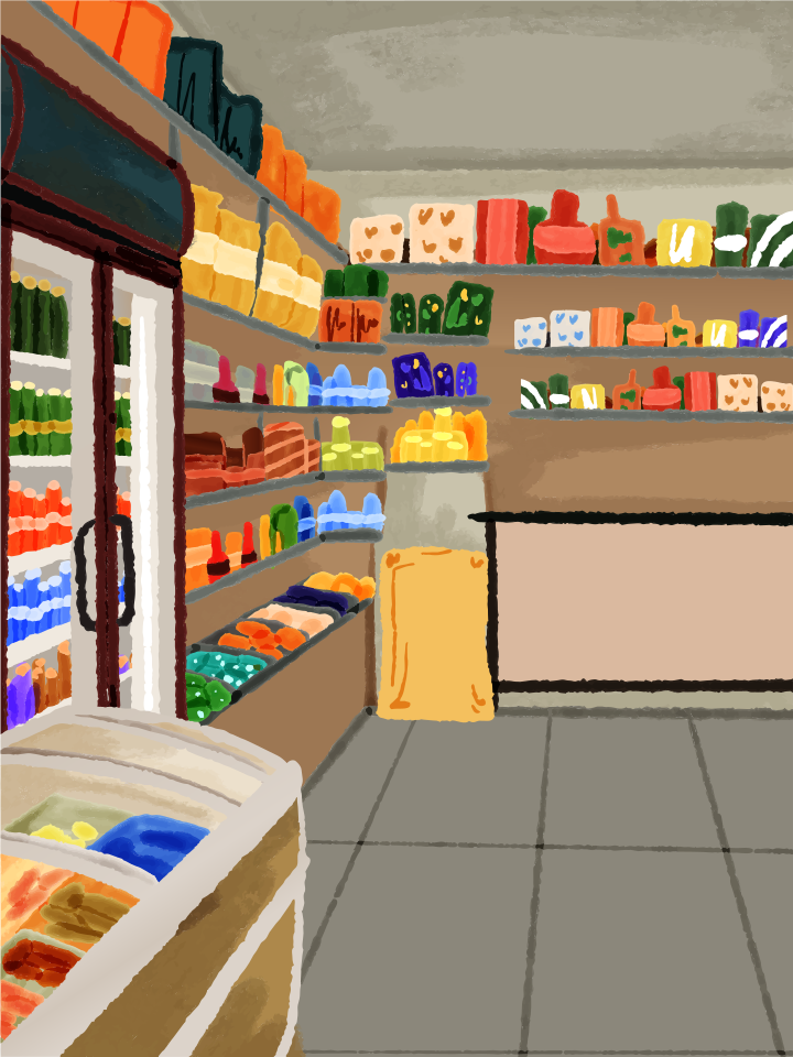 Intérieur du supermarché avec étagères et réfrigérateur bien remplis