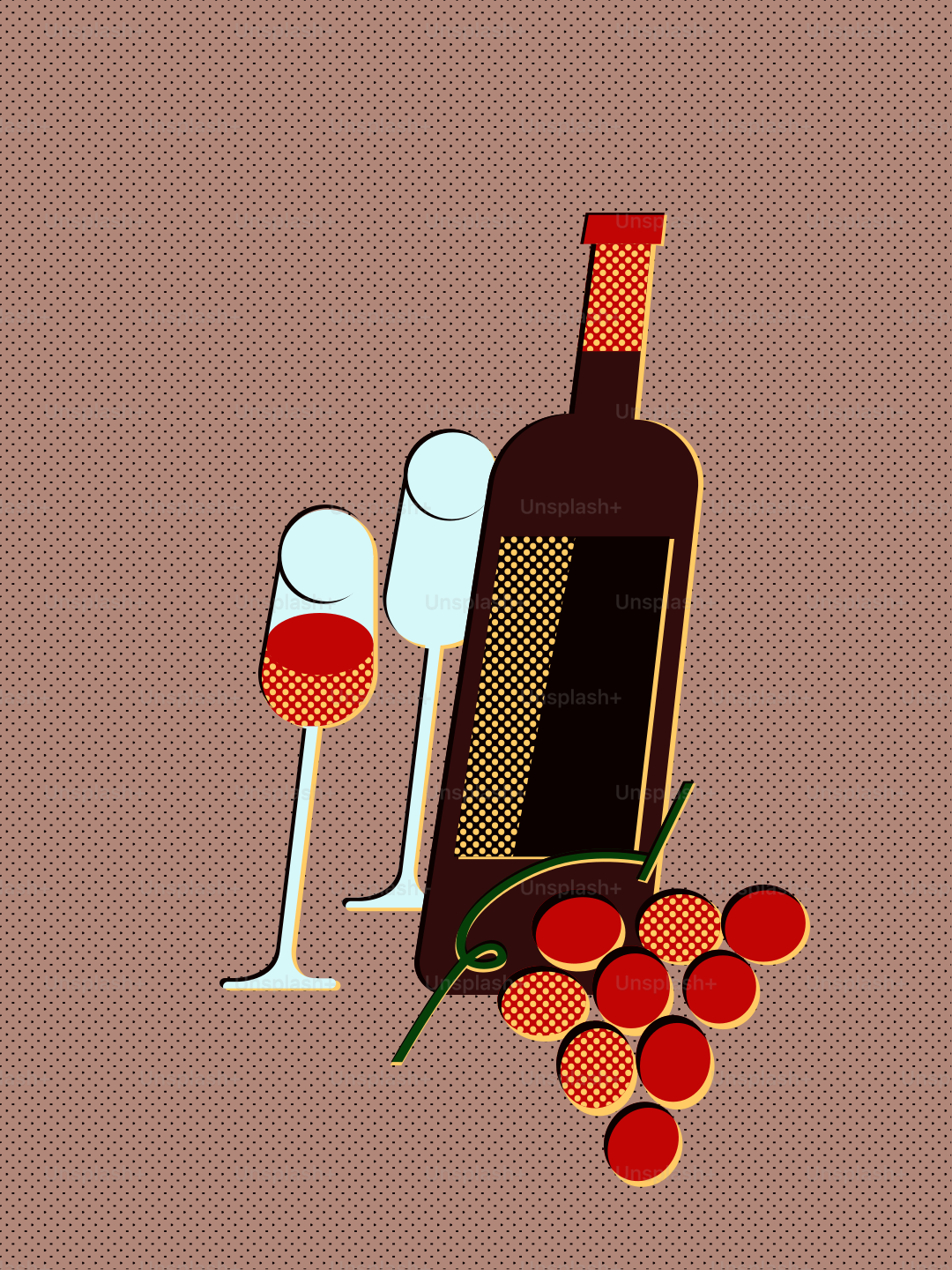Botella de vino estilizada, copas y uvas tintas