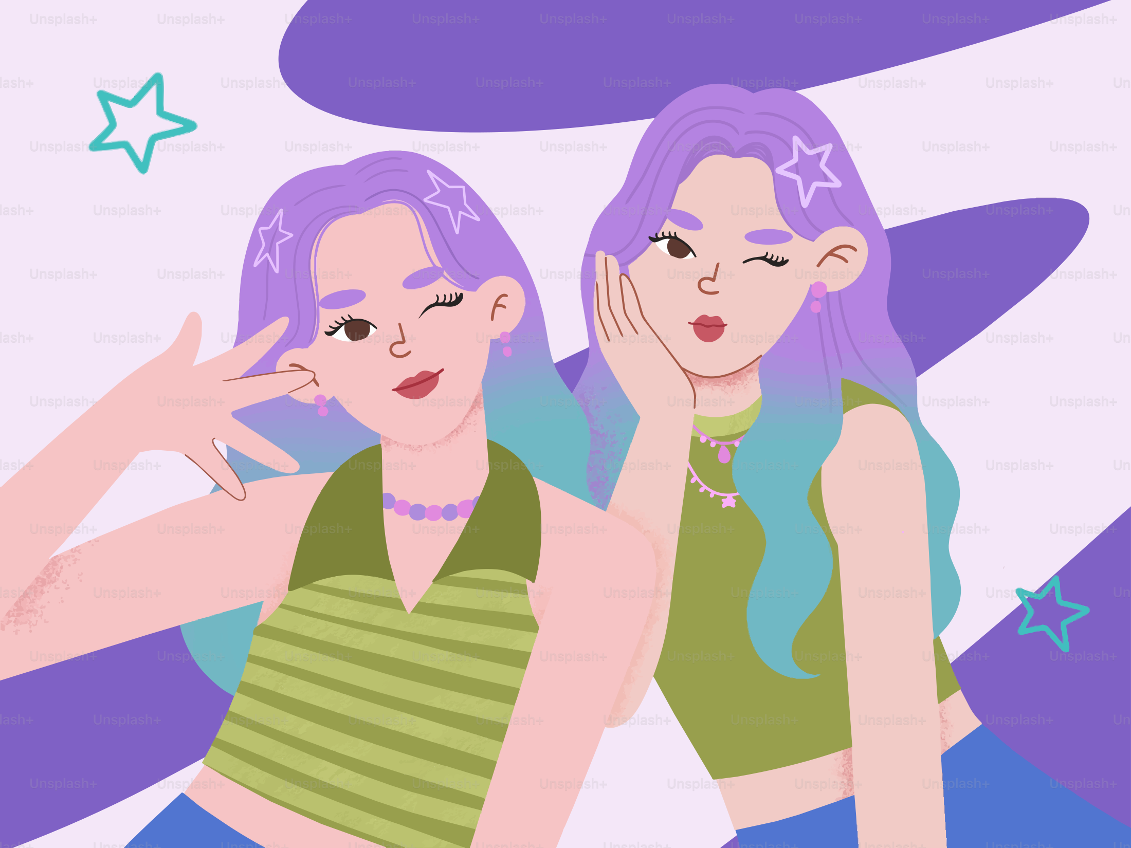 두 명의 윙크하는 여성, 다채로운 머리와 별을 가진 모습