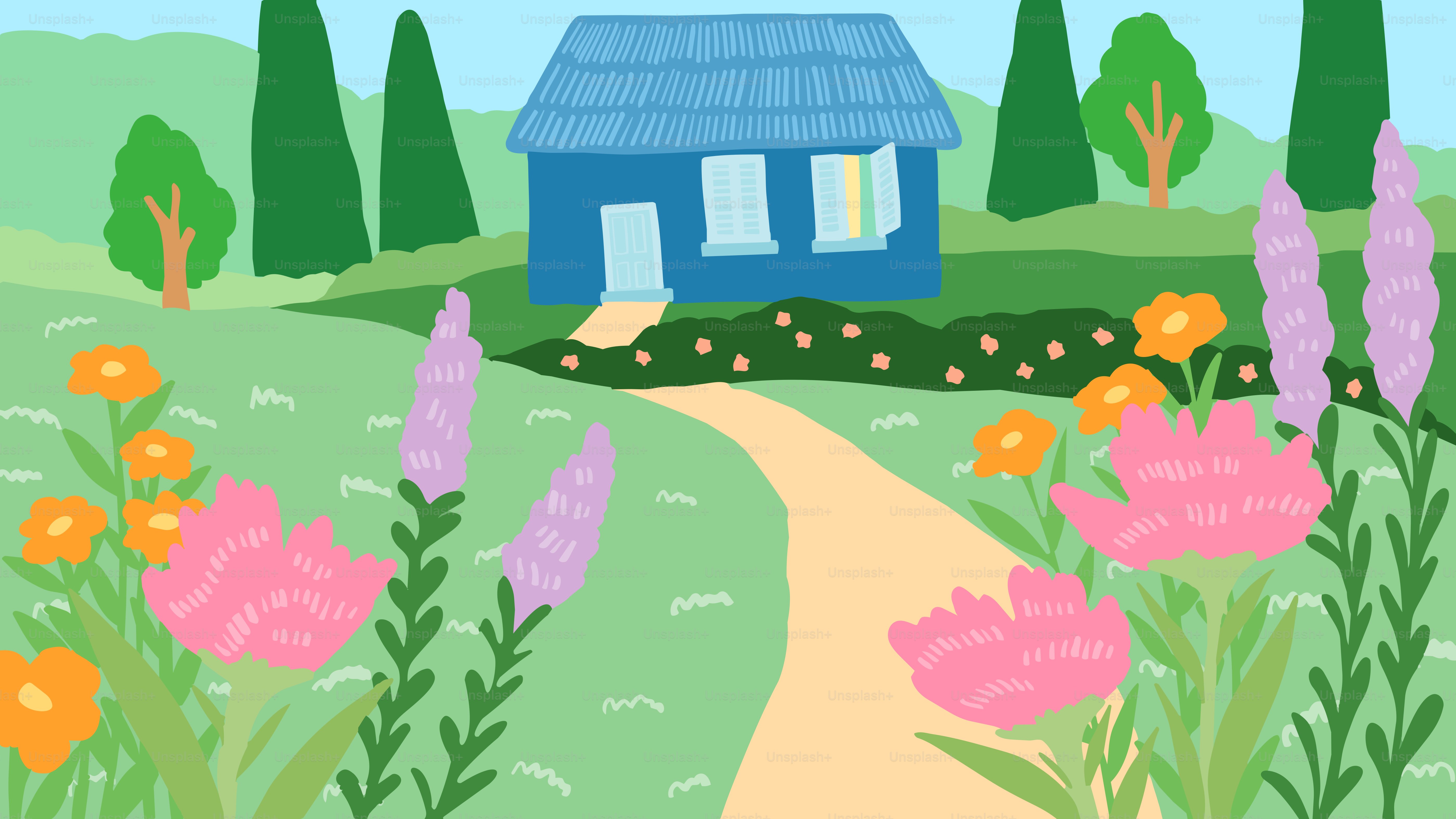 色とりどりの花々と青い家へ続く小道