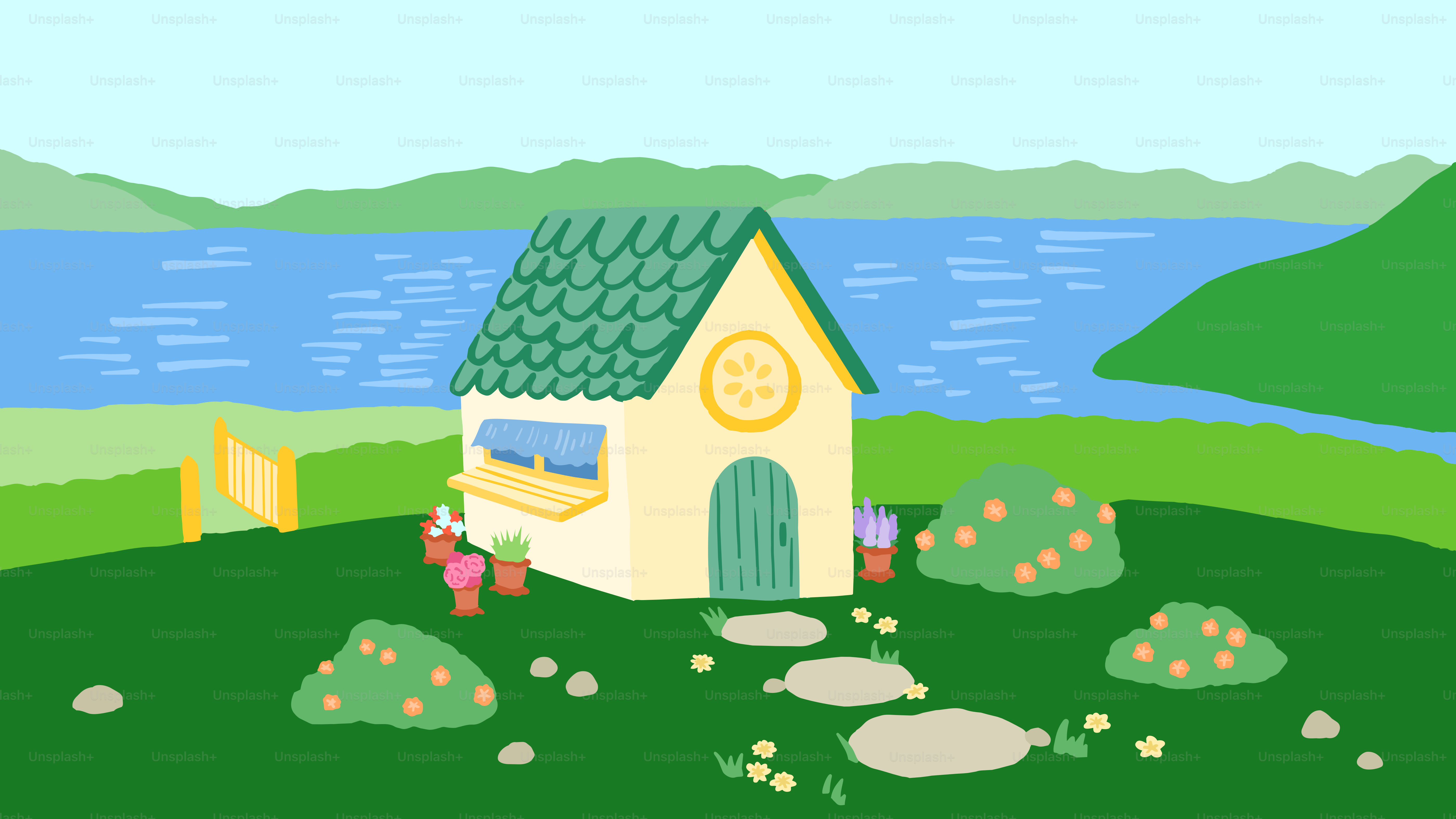 Small cartoon house by a lake with mountains