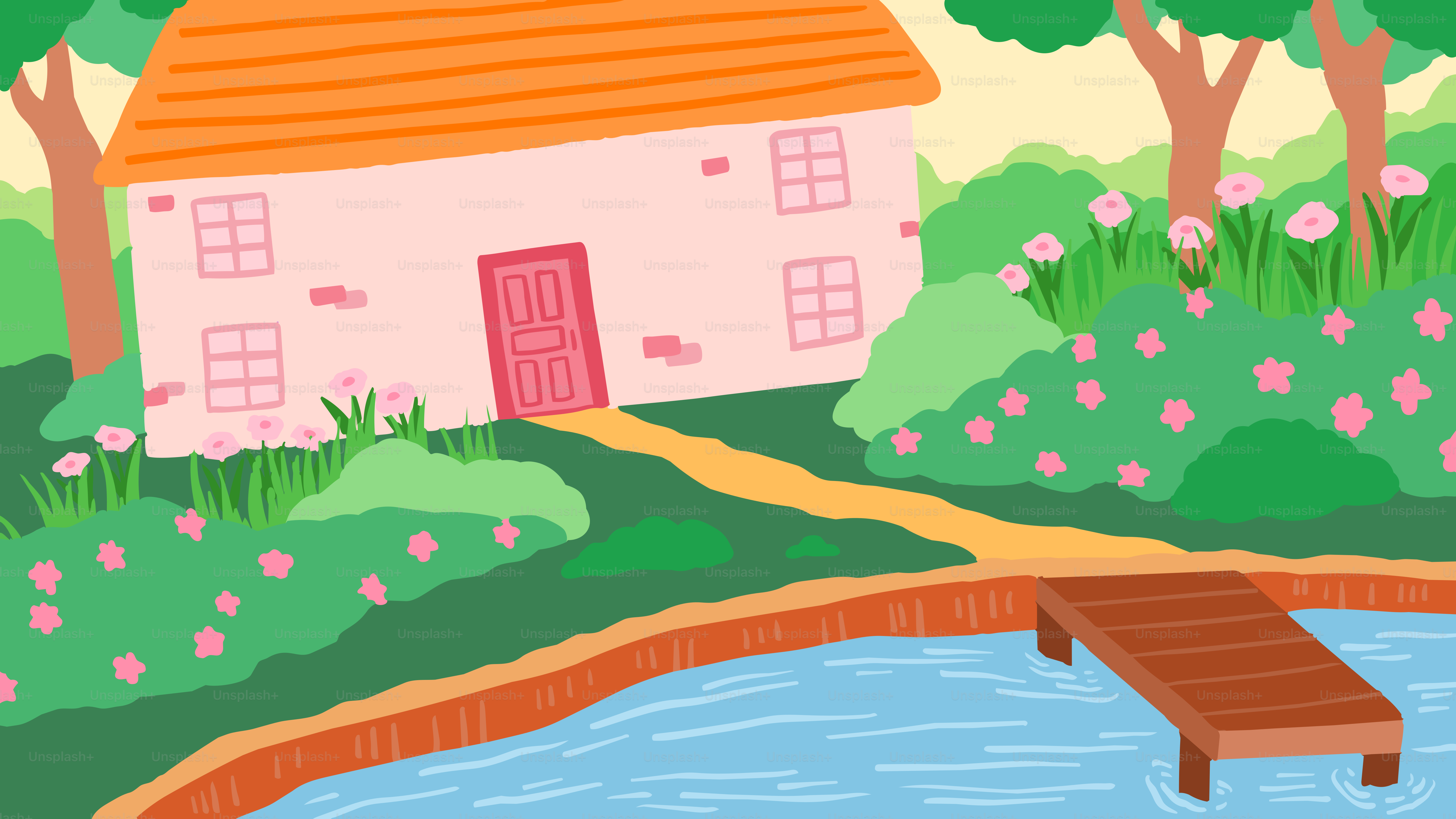 Pink house with wooden dock by a lake