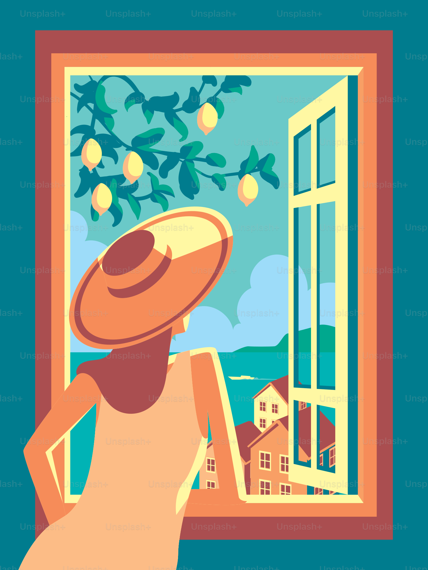 Woman in hat views mediterranean summer from window