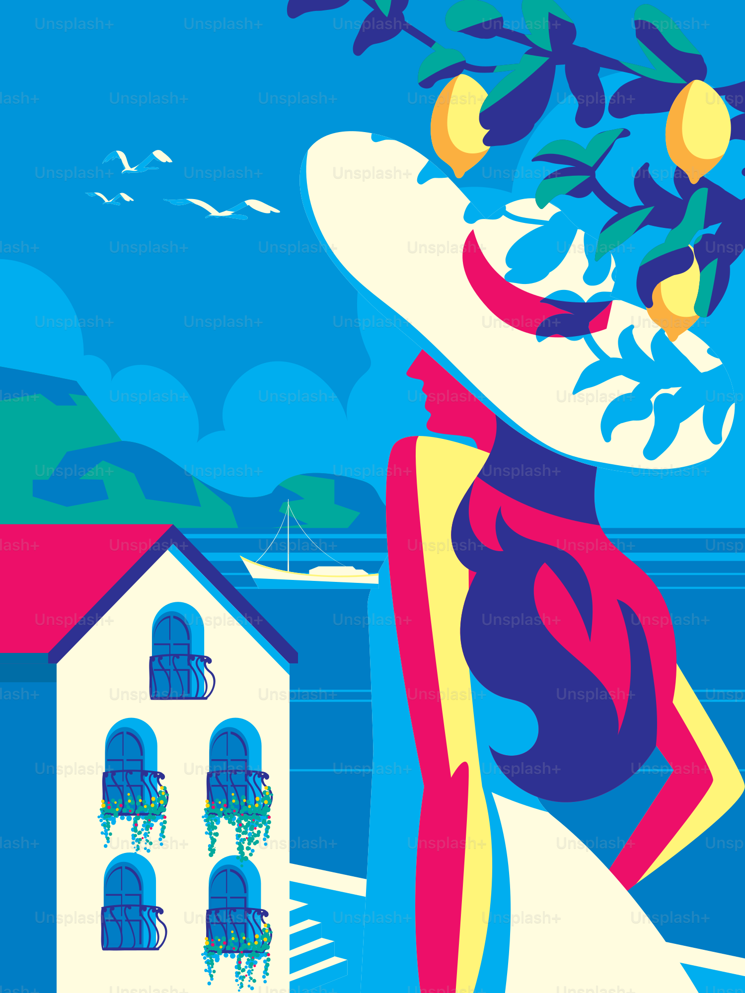 Woman in hat overlooking vibrant european coastal town