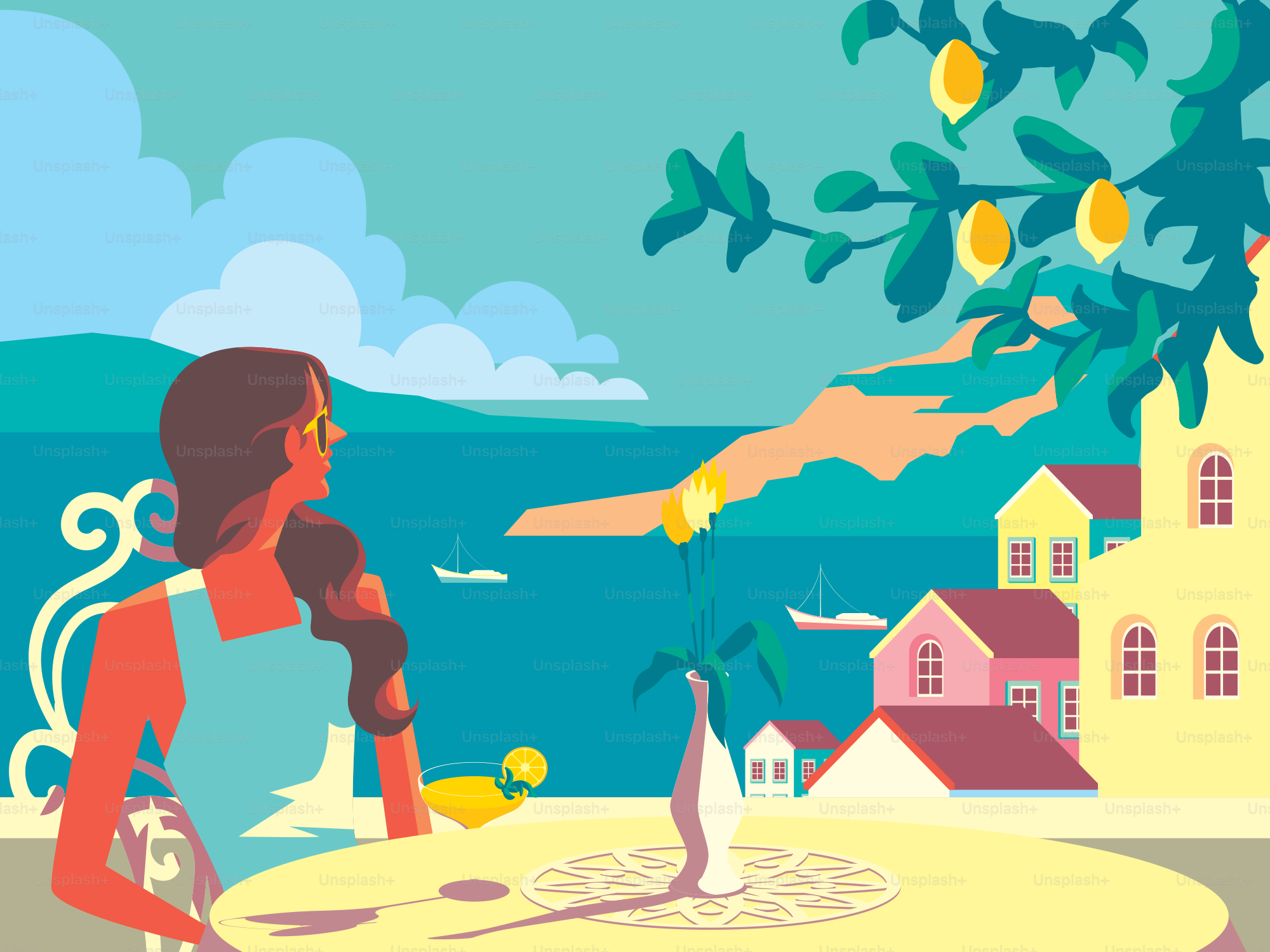 Woman enjoying european coastal view with lemons
