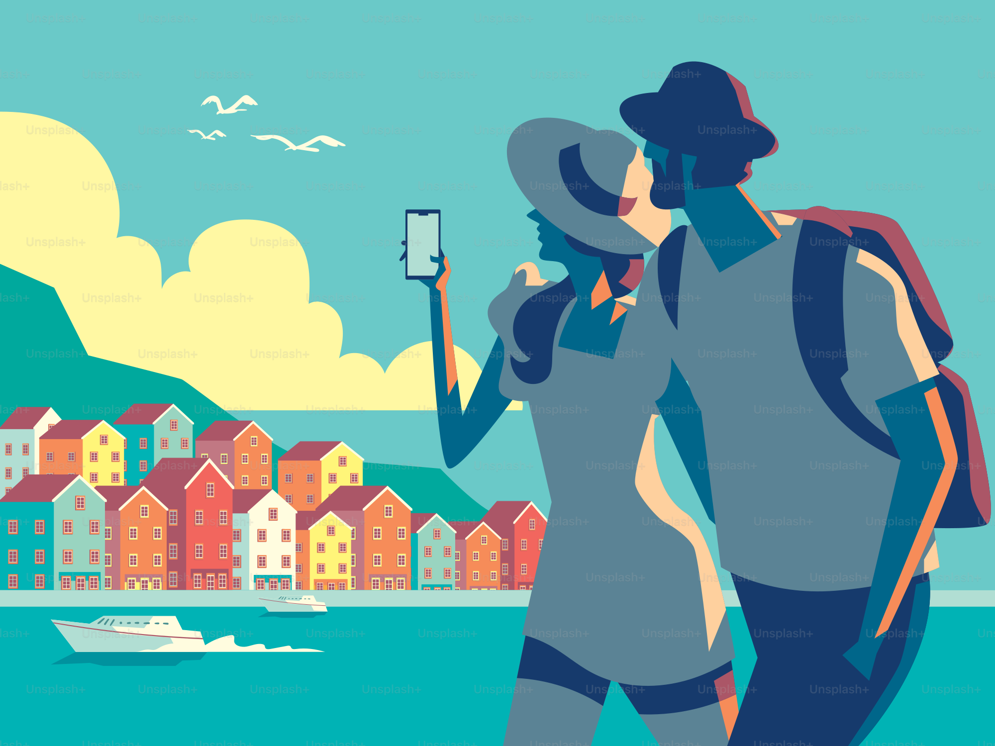 Couple photographing colorful european coastal town