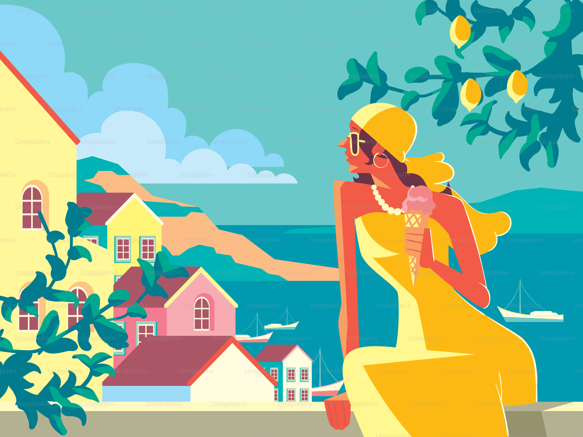 Woman enjoying ice cream overlooking a european coastal town
