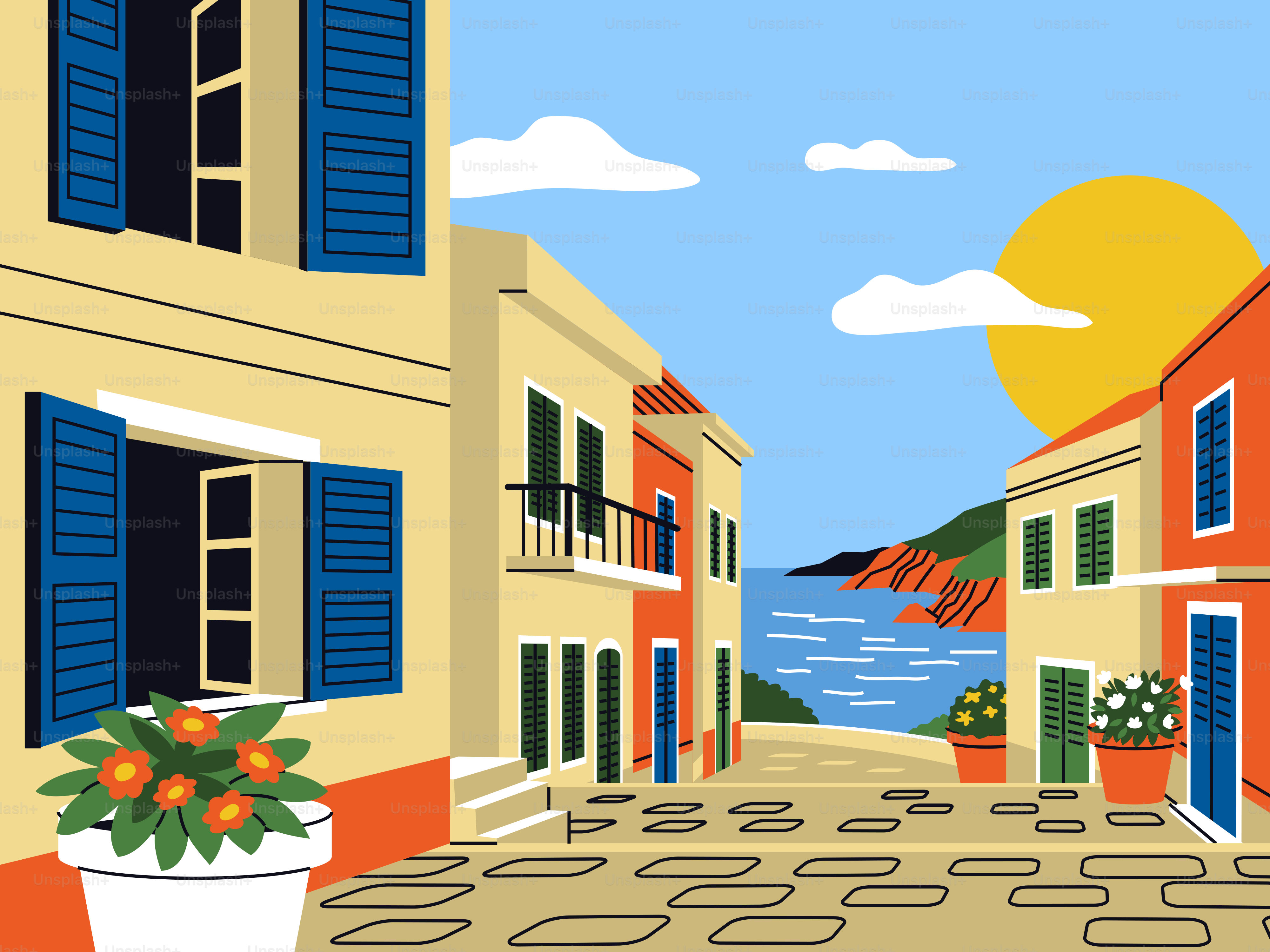 Calle soleada de un pueblo europeo con vistas al mar azul
