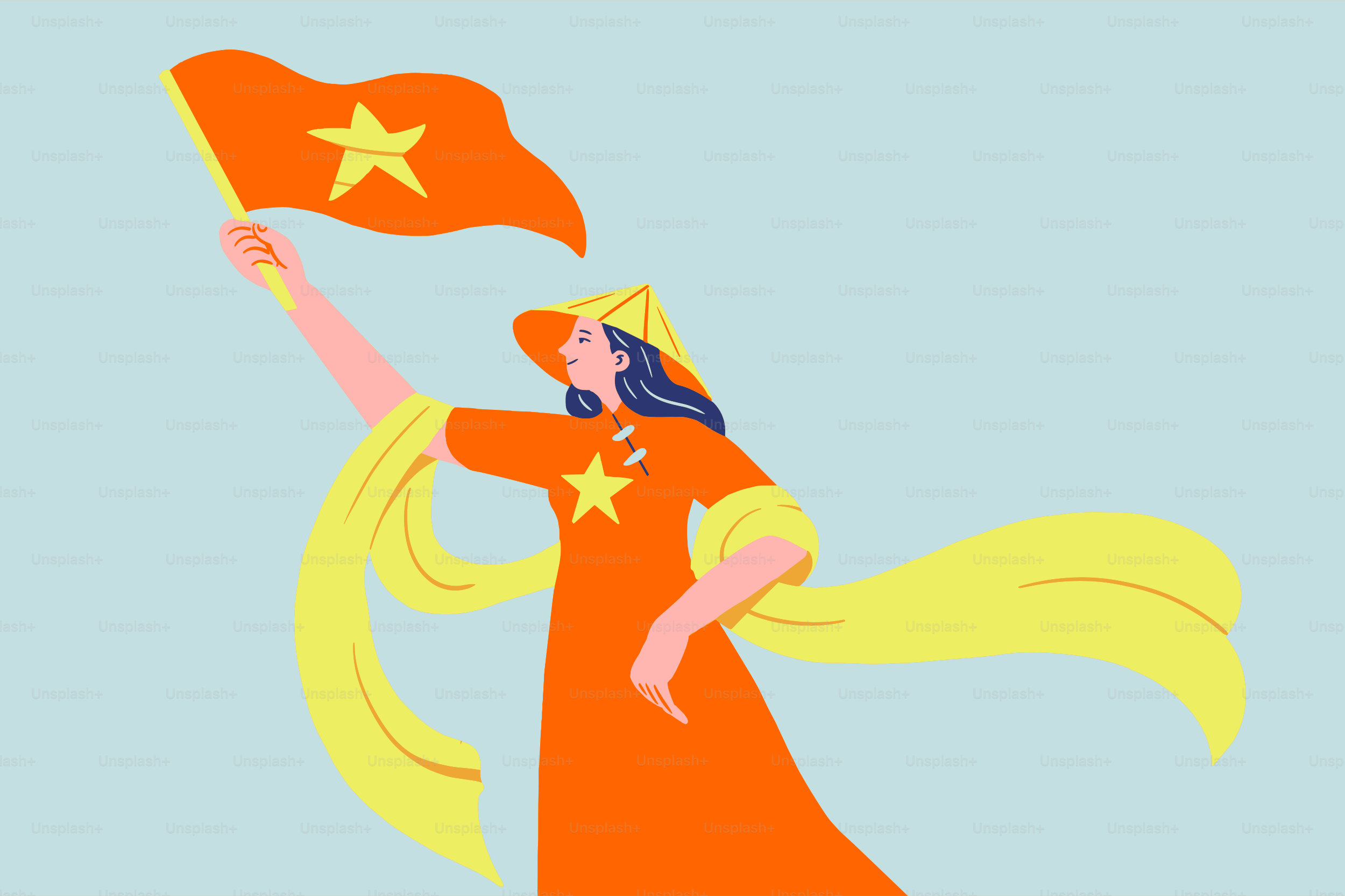 Mujer con traje tradicional vietnamita ondeando la bandera nacional